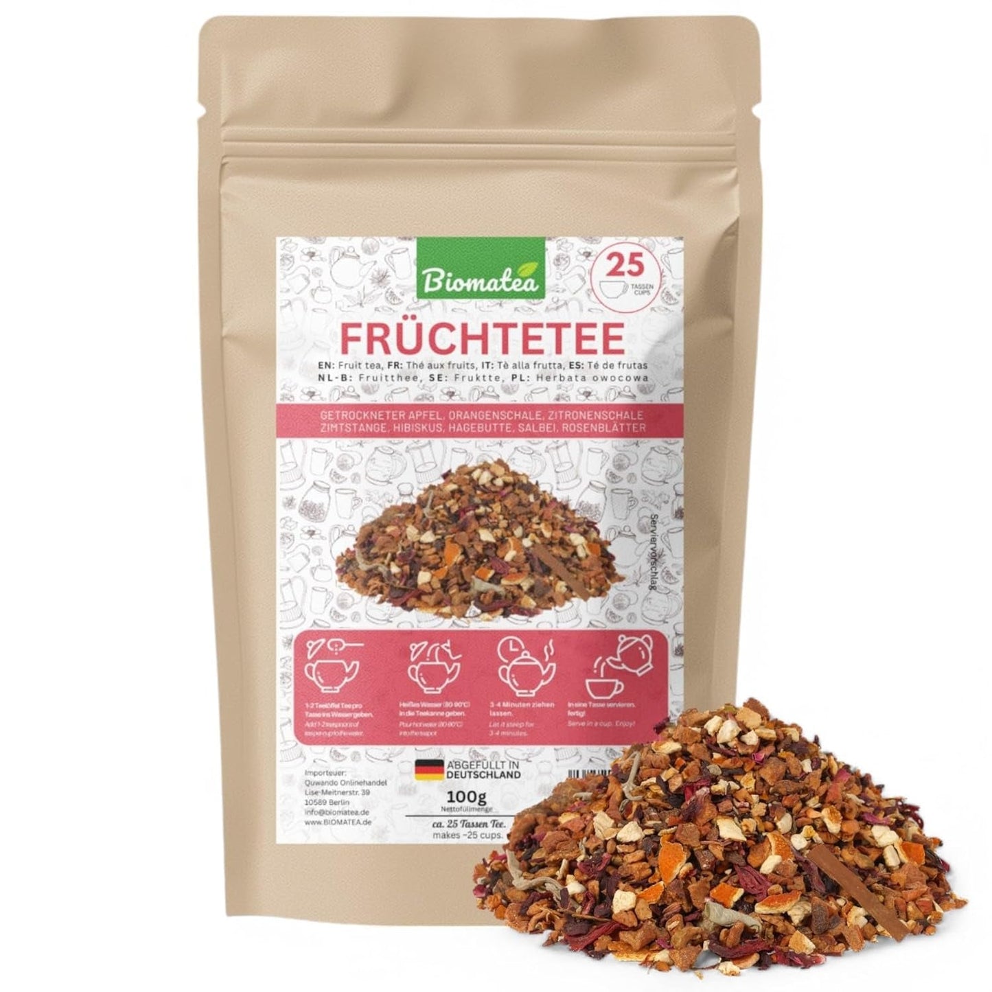 Herbata Owocowa – 100g Aromatyzowana mieszanka owocowa z jabłkiem, hibiskusem i cynamonem – torebka Ziplock, ok. 25 filiżanek – Bez dodatków, pakowane w Niemczech