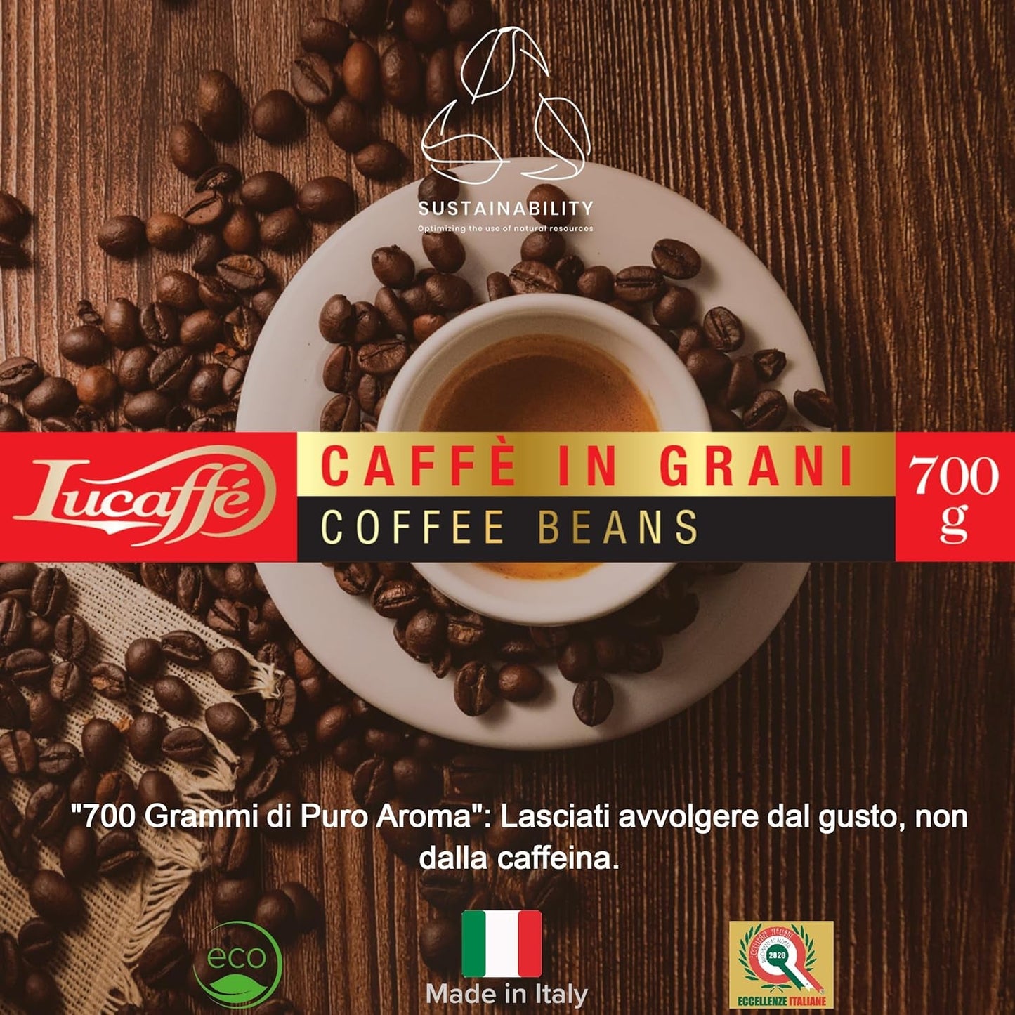 Lucaffè - Entkoffeinierte Kaffeebohnen Decaffeinato, 700 Gr | Kaffeebohnen zum Mahlen für Espresso ohne Kaffein | Ciemny Röstung | Süßer und fruchtiger Gesmack, kremowy | Intensywne aromaty