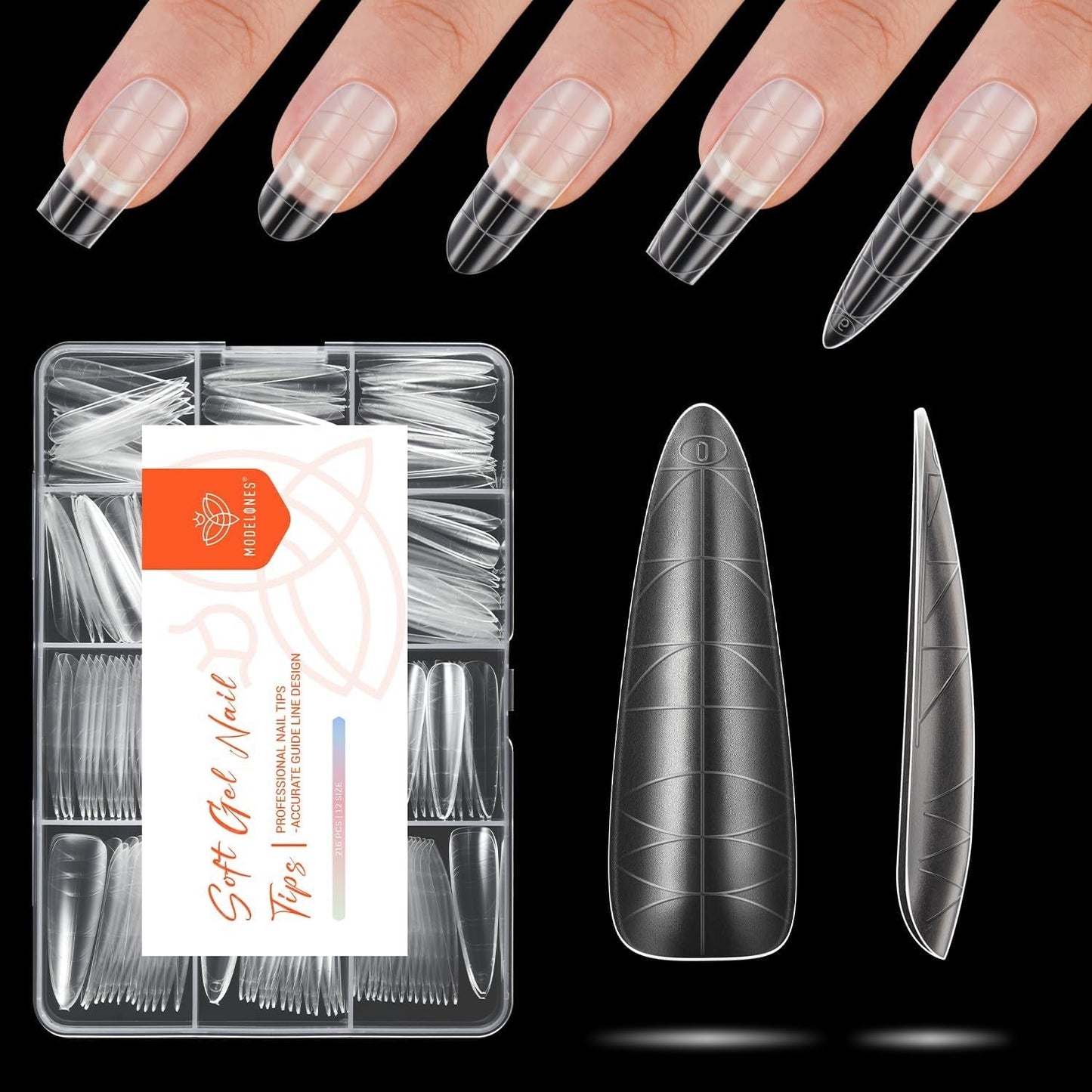 Modelones Tipsy 216 sztuk - Zestaw Full Cover Tips, Zestaw miękkich Tipsów żelowych, Wstępne polerowanie Tipsów z żywicy PMMA, DIY Klej na sztucznych paznokciach, Krótkie Migdały XS