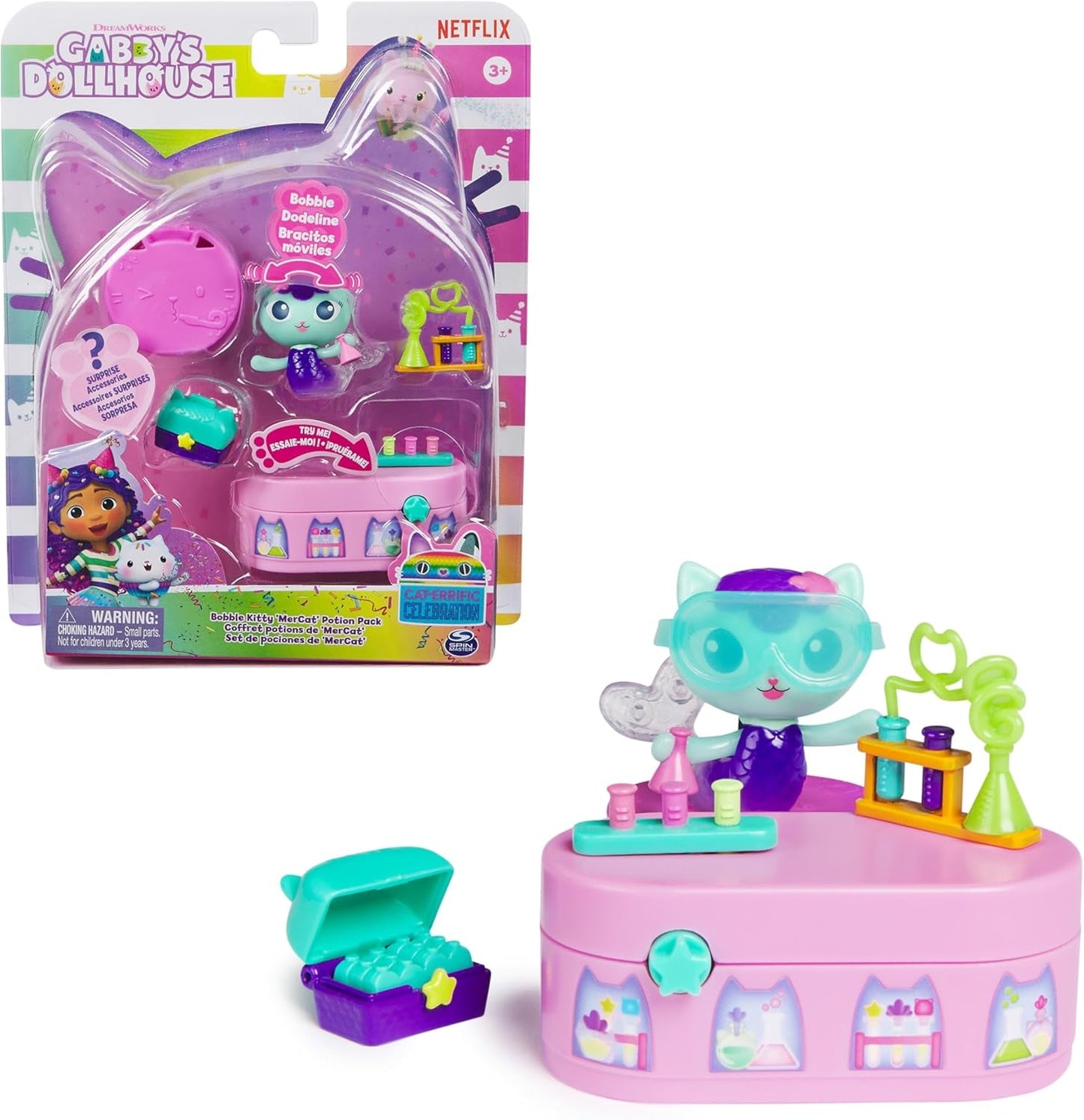 DREAMWORKS GABBY DOLLS HOUSE - zestaw mebli Meerkätzchen Bobble Kitty, figurka kota z meblami do domku dla lalek i akcesoriami, wiek: 3+