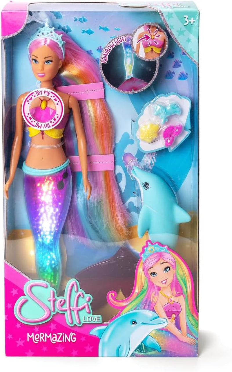 Simba Steffi Love Syrena – lalka syrenka z funkcją tęczowego światła, bardzo długimi włosami, figurką delfina i spinkami do włosów, wysokość 39 cm, funkcja „Wypróbuj mnie”, wiek 3+