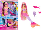 Lalka Syrenka BARBIE - inspirowana serialem telewizyjnym „Barbie: Ukryta magia” z efektem zmiany koloru i dodatkami, różowe włosy o długości 19 cm do stylizacji, dla dzieci w wieku od 3 lat i starszych, HRP97