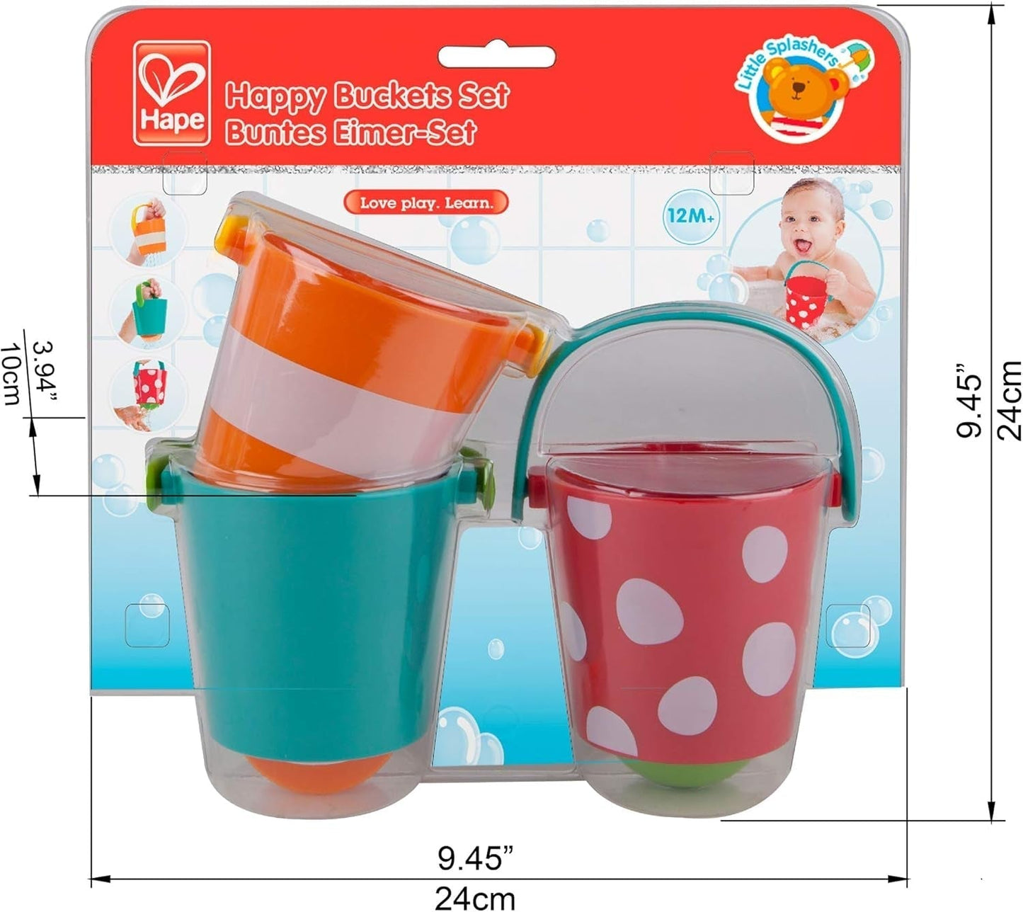 Hape Zestaw kolorowych wiader | Trzyczęściowa zabawka do kąpieli z kołem wodnym dla maluchów, wielokolorowa Jucarii Bebe Naty Shop