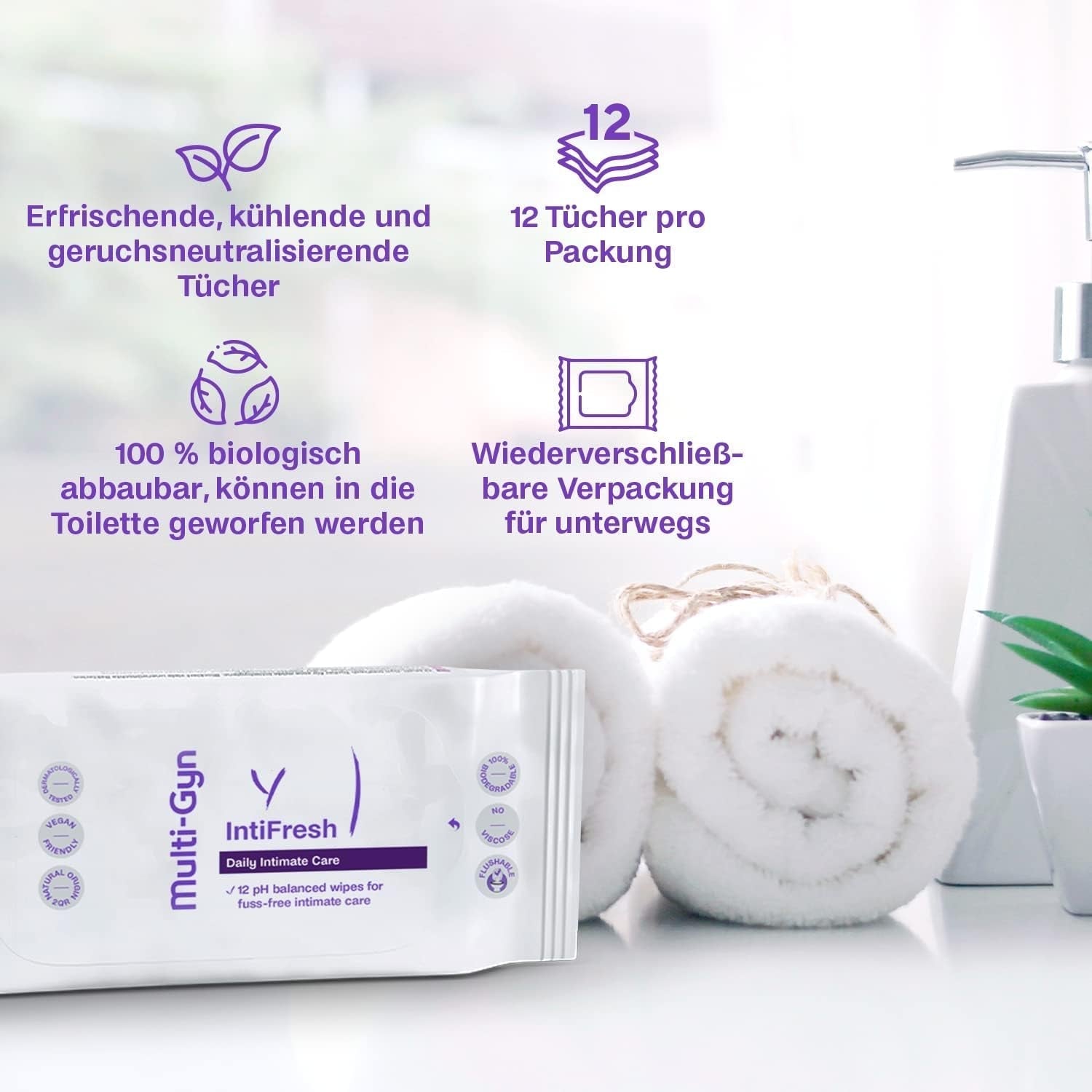 Multi-Gyn Intifresh, chusteczki do higieny intymnej do użytku zewnętrznego, 12 chusteczek nawilżanych