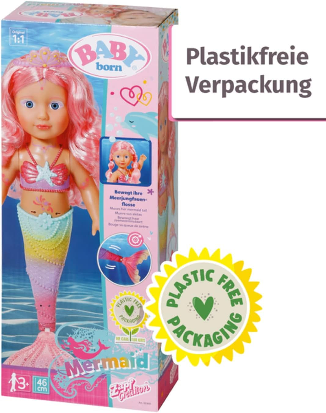 BABY Born Little Sister Mermaid 46 cm Wodoodporna lalka syrenka z długimi włosami i ruchomą brokatową płetwą, w komplecie. tiara i grzebień, 833681 Zapf Creation Dolls Naty Shop