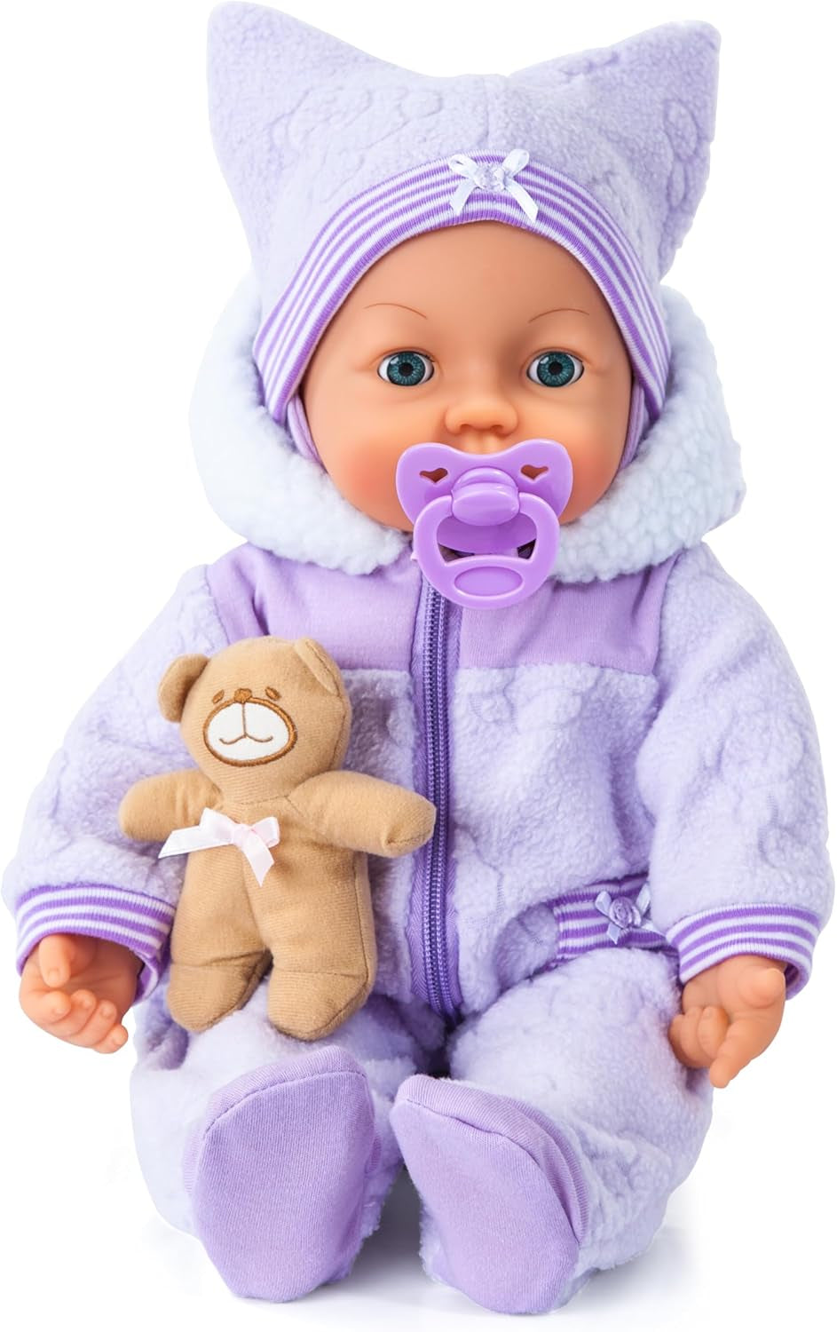 Bayer Design 94694AG 94694AA, lalka funkcjonalna, interaktywna lalka Piccolina Magic Eyes, porusza ustami, mruga i zamyka oczy, mówi, fioletowy, 46 cm
