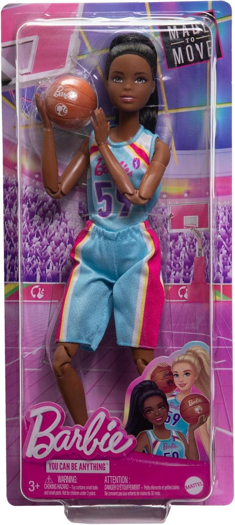 Barbie Made to Move Lalka i akcesoria, Brunetka koszykarz z odpinaną sportową sukienką i piłką, 22 przeguby, HKT74