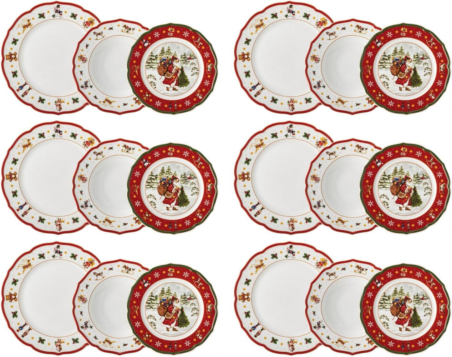 Hutschenreuther Happy Wintertime Czerwony Świąteczny zestaw zastawy stołowej dla 6 osób, porcelana, wielokolorowy, 6 talerzy śniadaniowych, 6 talerzy obiadowych i 6 talerzy obiadowych, można myć w zmywarce i używać w kuchence mikrofalowej