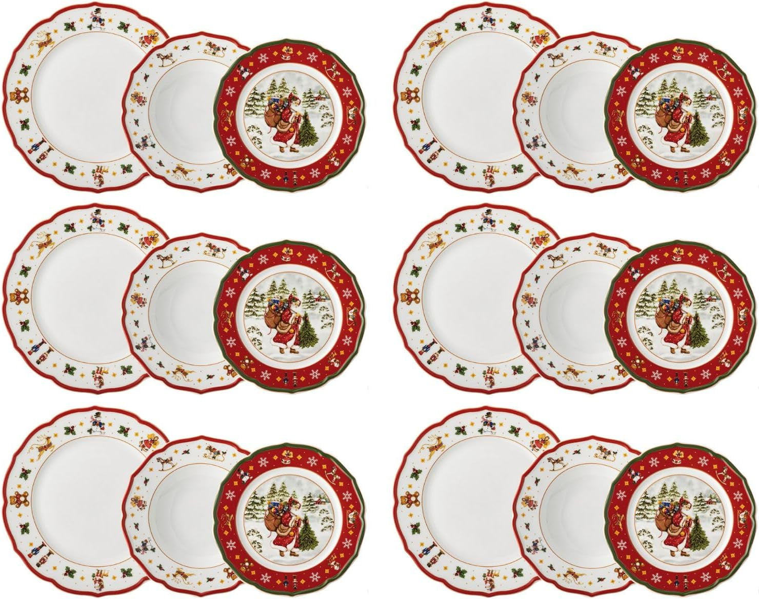Hutschenreuther Happy Wintertime Czerwony Świąteczny zestaw zastawy stołowej dla 6 osób, porcelana, wielokolorowy, 6 talerzy śniadaniowych, 6 talerzy obiadowych i 6 talerzy obiadowych, można myć w zmywarce i używać w kuchence mikrofalowej