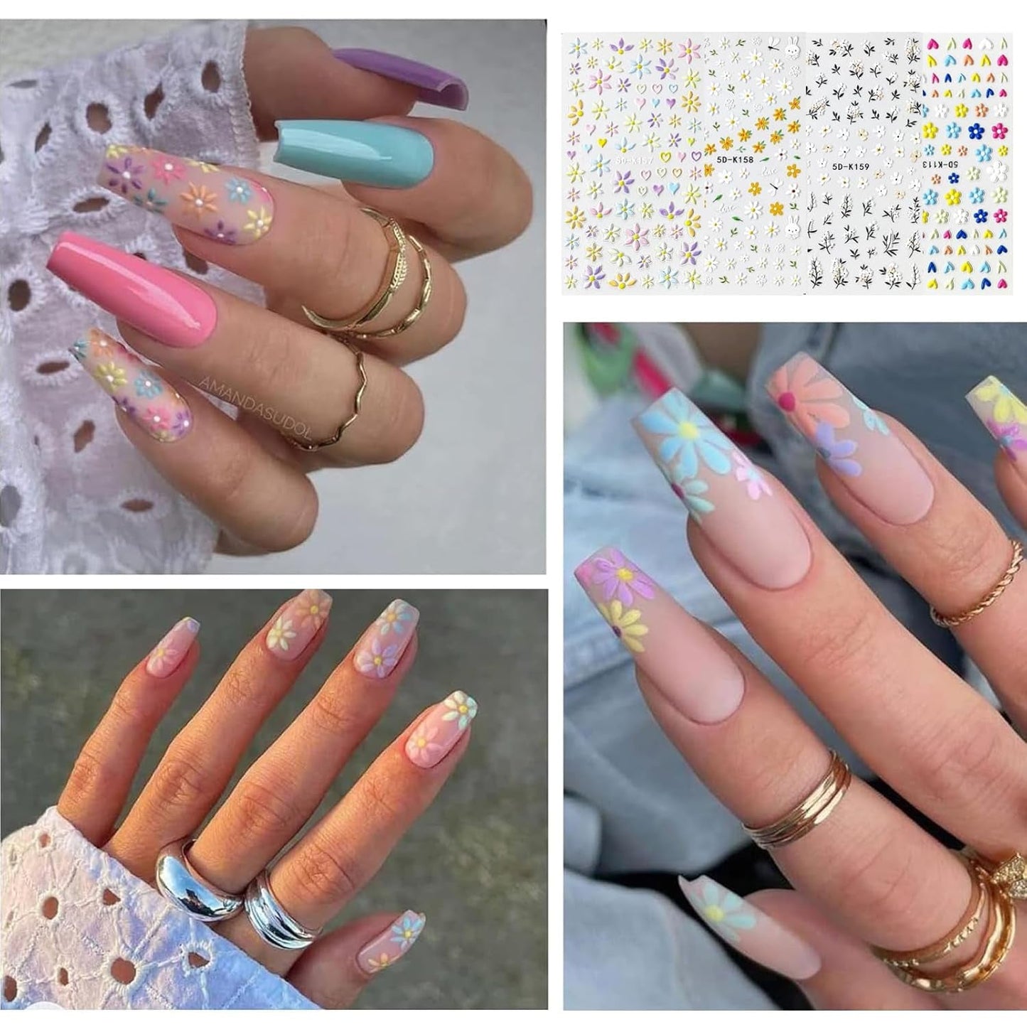 Zestaw Nagelsticker Für Einzigartiges Nageldesign, 4 Blatt Frühlingsthemen Nail Art Zubehör, Perfekt Für 3D Gel Nägel i paski żelowe UV