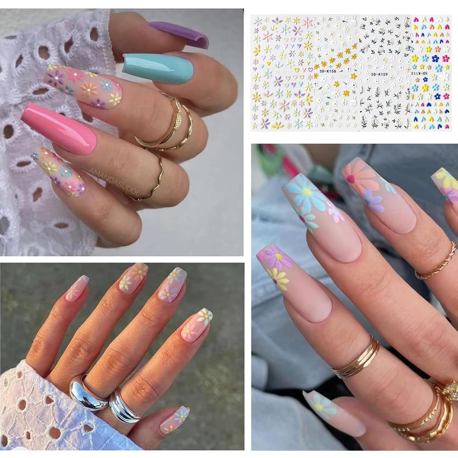 Zestaw Nagelsticker Für Einzigartiges Nageldesign, 4 Blatt Frühlingsthemen Nail Art Zubehör, Perfekt Für 3D Gel Nägel i paski żelowe UV