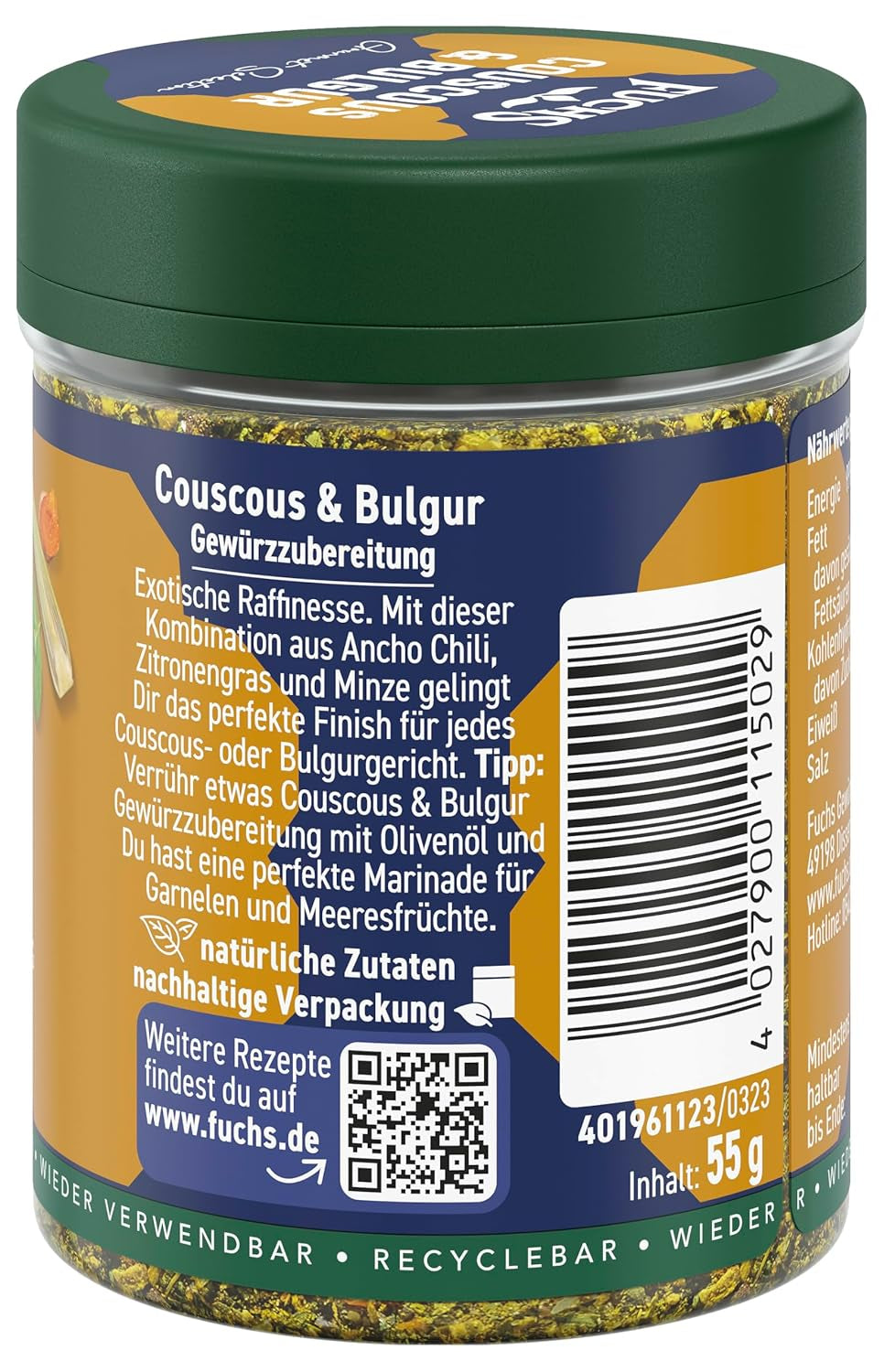 Fuchs Spices Gourmet Selection Bliski Wschód/Afryka - Mieszanka przypraw do kuskusu i bulguru Mieszanka przypraw do wielokrotnego napełniania do przyprawiania potraw bulgur Wegańskie 55g