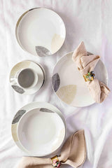 MĘSER 931215 Pięknie zdobiony zestaw zastawy stołowej dla 6 osób, łączony serwis 30 sztuk, o kształtach bezramowych, porcelana, biały