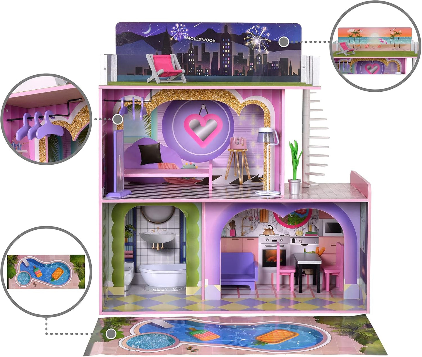 Mały świat Olivii Big Dreamland Zachód słońca Współczesny 3-piętrowy drewniany interaktywny domek dla lalek dla dzieci z 16 akcesoriami meblowymi dla lalek Wielokolorowy TD-13616A