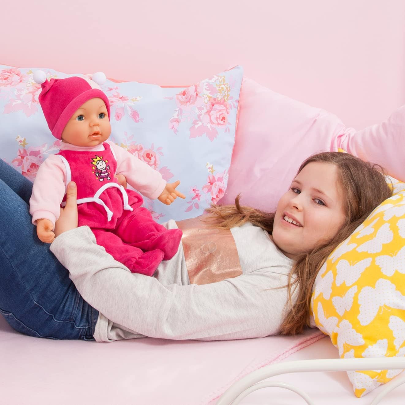 Funktionspuppe Hello Baby mit Geräuschen, bewegt den Mund, interaktive Puppe, Babypuppe, mit Zubehör, 46cm, różowy