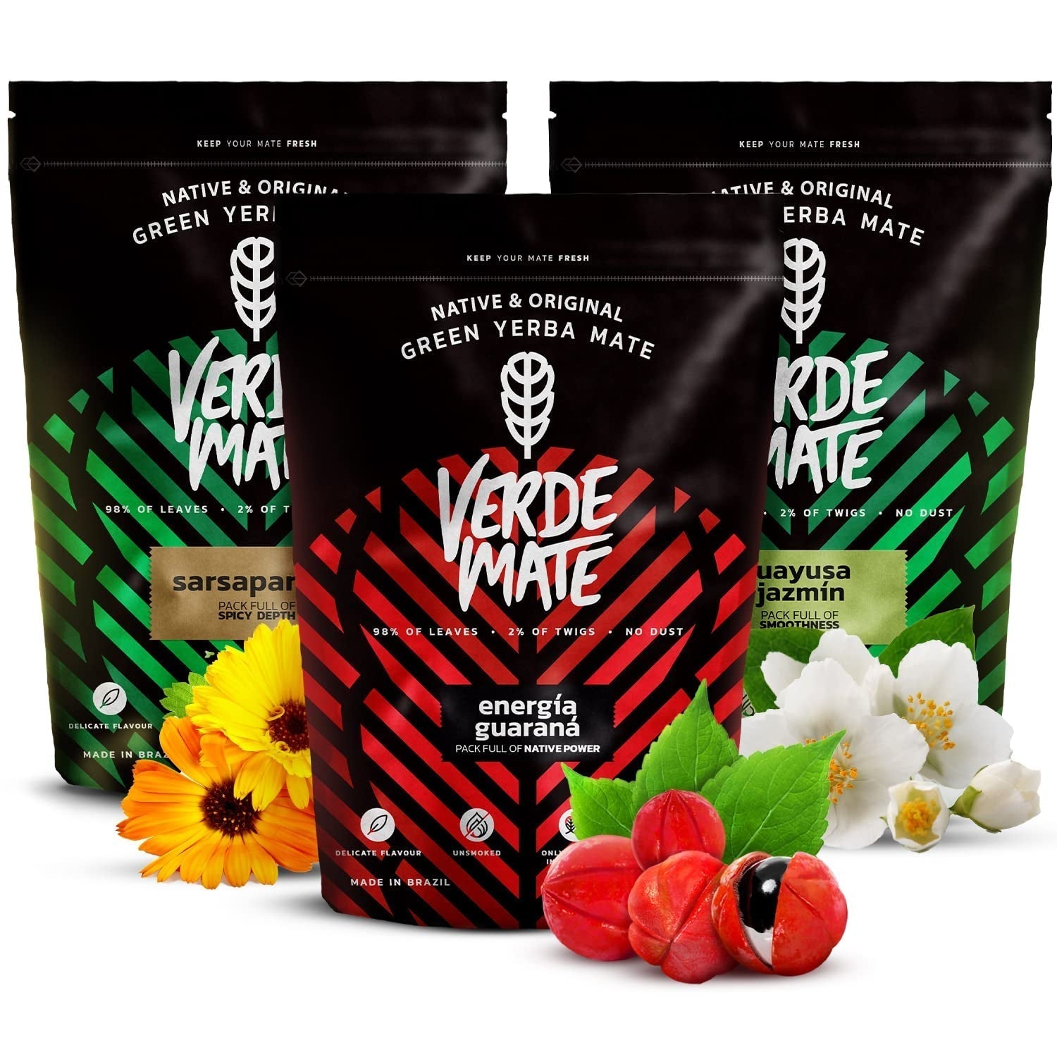 Zestaw do herbaty ziołowej Yerba Mate | Yerba Mate z ziołami | Green Mate Green Energy Guarana, Guayusa Jazmin, Sarsaparilla | Brazylijska zielona Yerba Mate | 3X500G