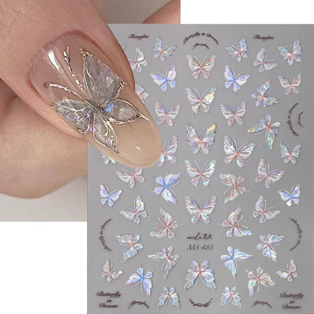Glänzend Aurora Shell Schmetterling Nagelsticker Selbstklebend,Erleichterung Schmetterlinge Nail Naklejka Rosa Laser Schmetterling Nagelaufkleber Für Frauen Nageldesign Zubehör Nagel Zubehör Nail Art