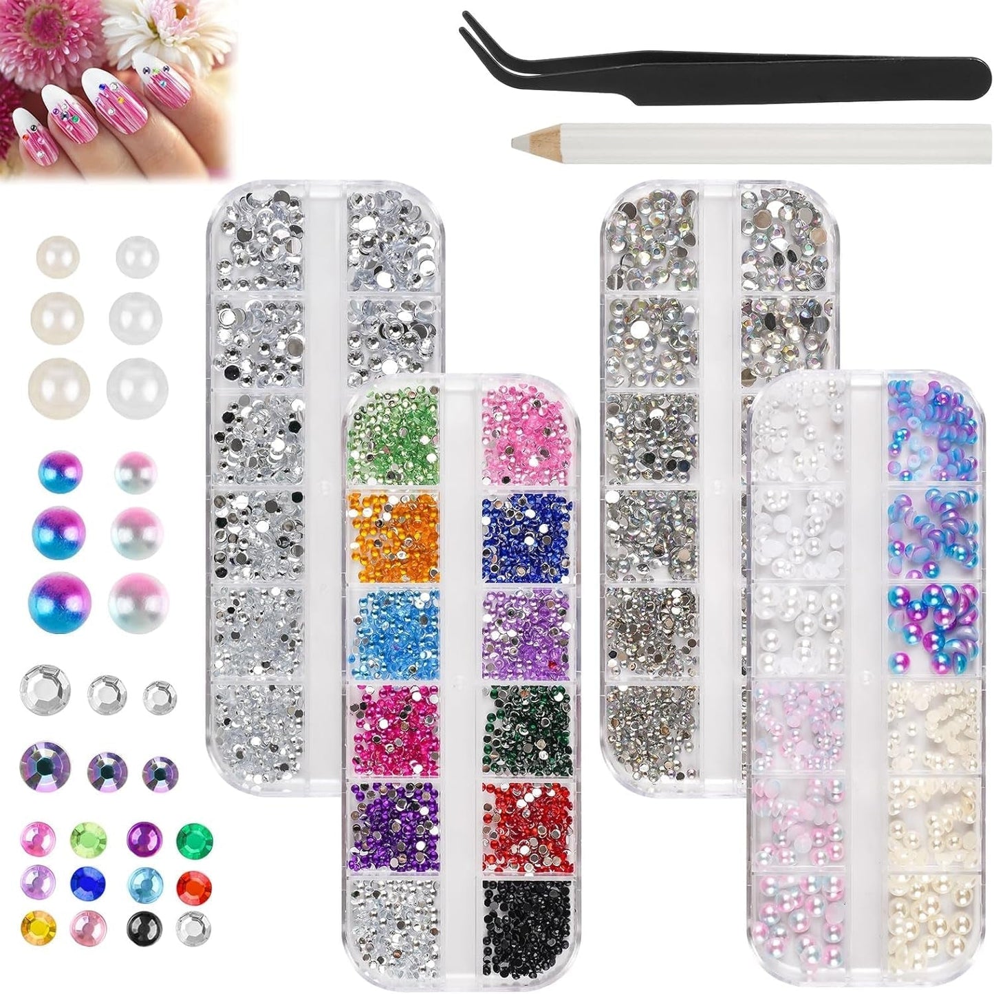 5820 Stück Strasssteine ​​​​Nägel, Glitzersteine ​​​​Nägel Und Halbrunde Perlen, AB Kristall Rhinestones, Flatback Nagel Steine ​​Mit Pinzette Und Stift Für Nagel/Diy (Mehrere Größen Und Farben)