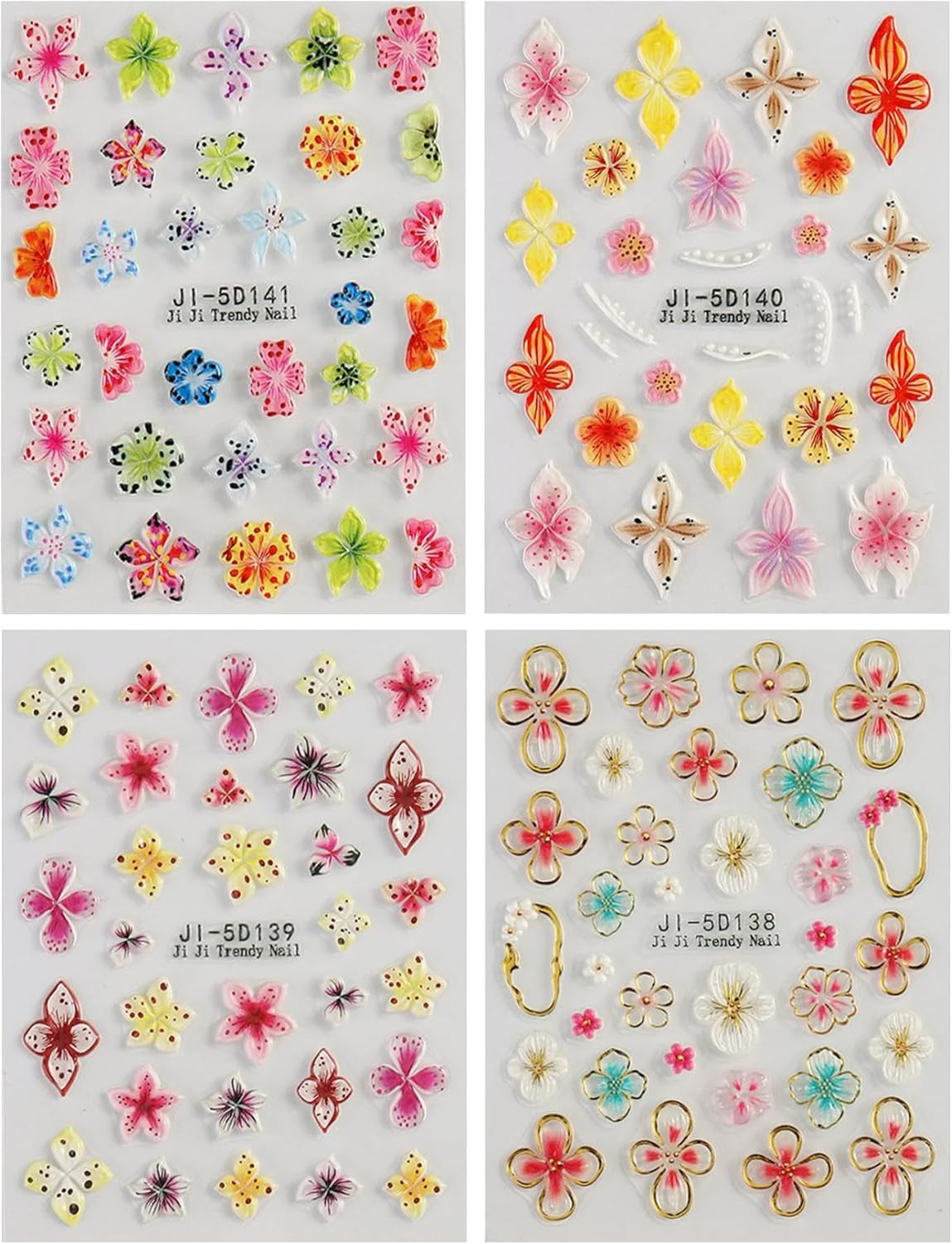 JMEOWIO 3D Nagelsticker Kolorowy kwiat Nail Art Naklejka Selbstklebend Nagelaufkleber 5D Stereoskopisch Wiosna Lato Kwiatowa dekoracja Nageldesign Zubehör 4 Blatt