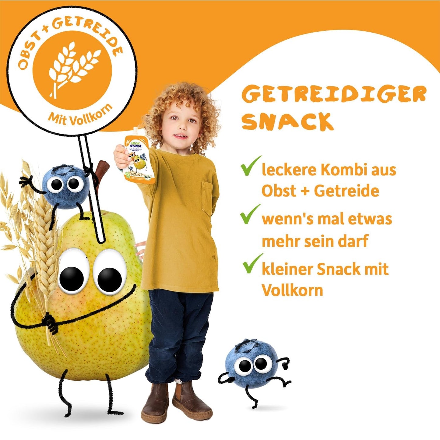 FRECHE FREUNDE Brzoskwinia Jabłko Banan Owies Organiczne puree owocowe ze zbożami w wyciskanej torebce dla niemowląt 6 miesięcy + Wegańskie 6 opakowań (6 x 100 g)