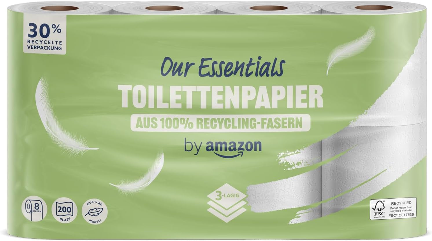 By Amazon Papier toaletowy, 3 warstwy, 10 rolek (10 rolek, 1 opakowanie) 200 arkuszy w rolce, certyfikat Fsc
