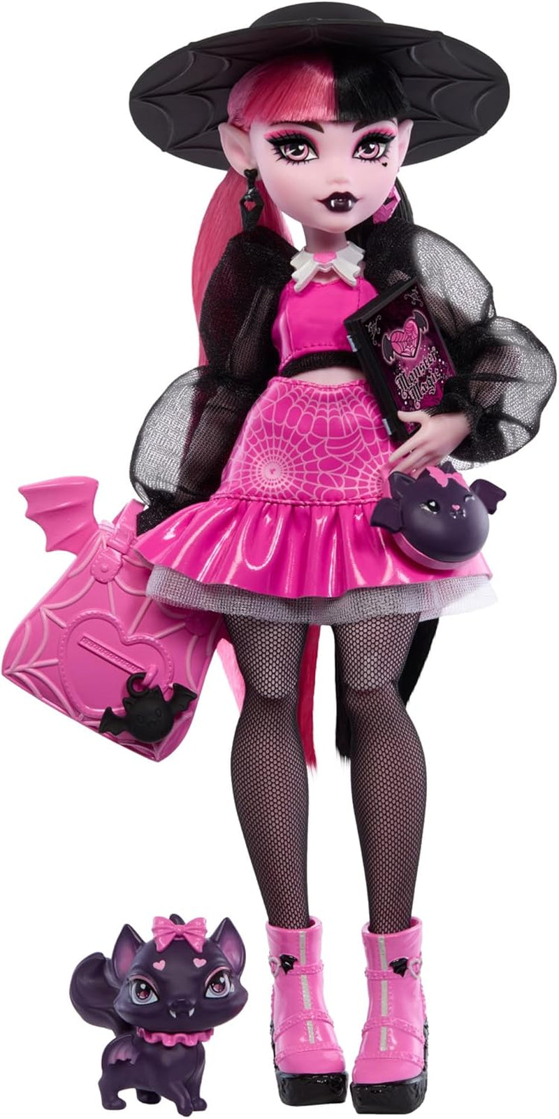 Lalka Monster High Draculaura ze swoim zwierzakiem, kotem-nietoperzem, Hrabią Fabulous i akcesoriami, takimi jak plecak, księga zaklęć, pudełko bento i nie tylko, HRP64