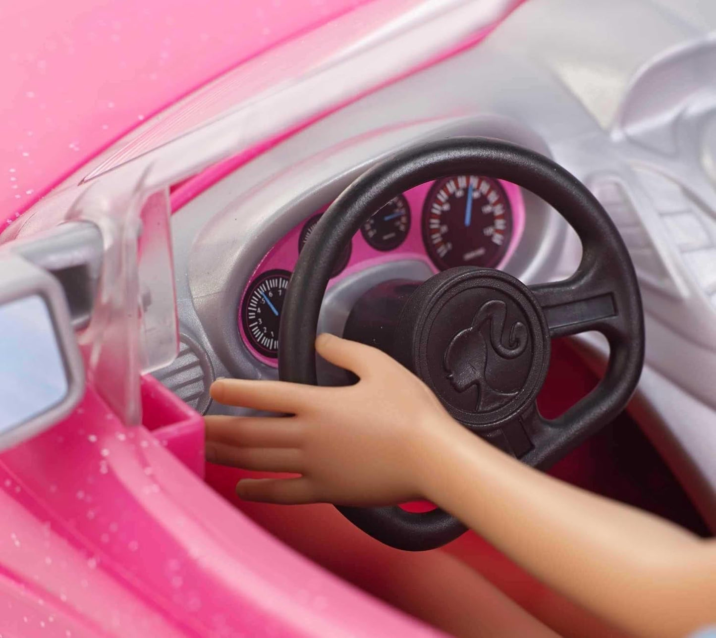Lalka Barbie i różowy brokatowy kabriolet, realistyczne opony, logo, zabawka dla dzieci w wieku od 3 lat, DJR55