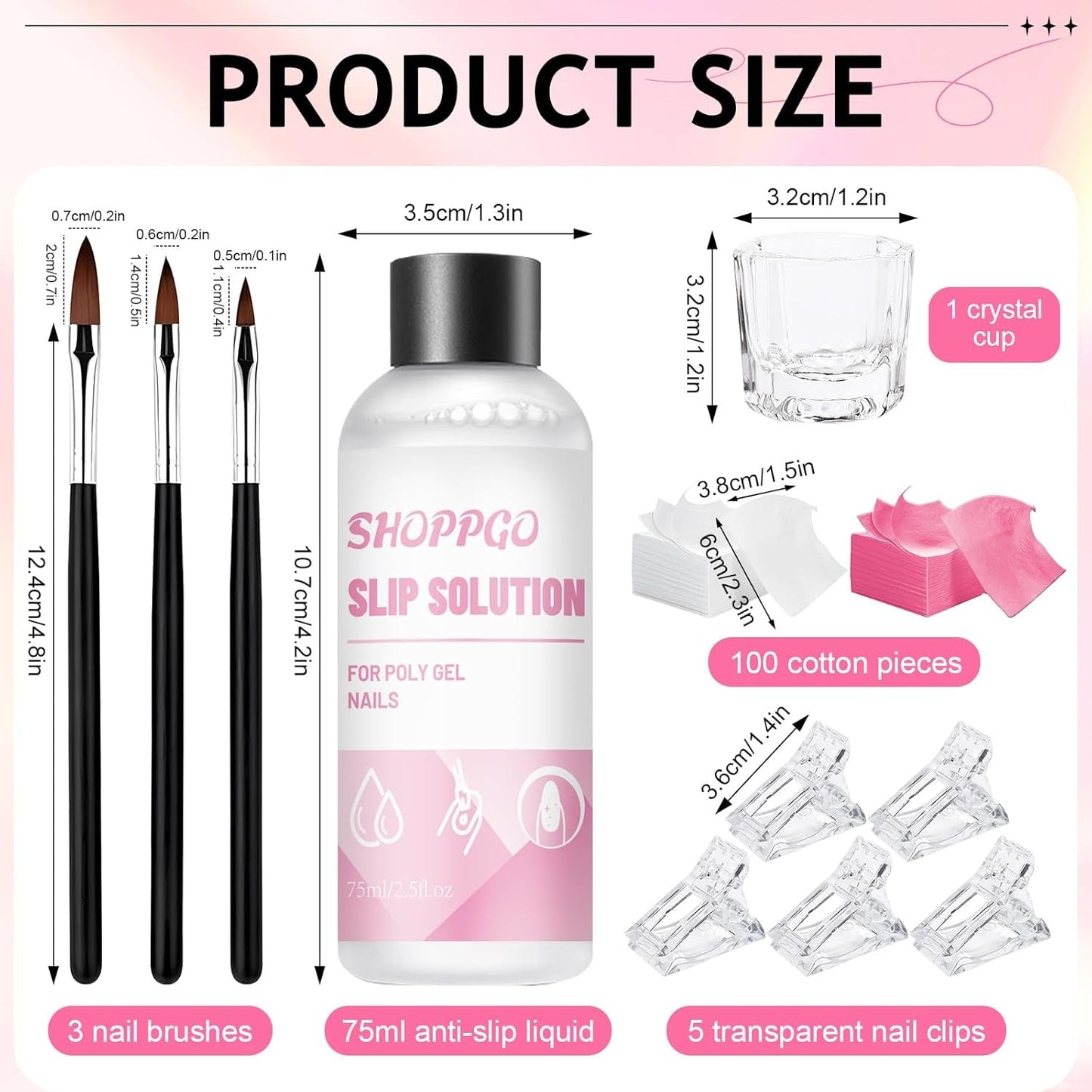 Roztwór do paznokci Polygel, Zestaw do paznokci Poly Gel Slip Solution, Płynne roztwory do paznokci Polygel 75 ml, 5 klipsów na końcówki paznokci, 3 szczoteczki do paznokci, 1 kryształowy kubek, 100 arkuszy czyszczących