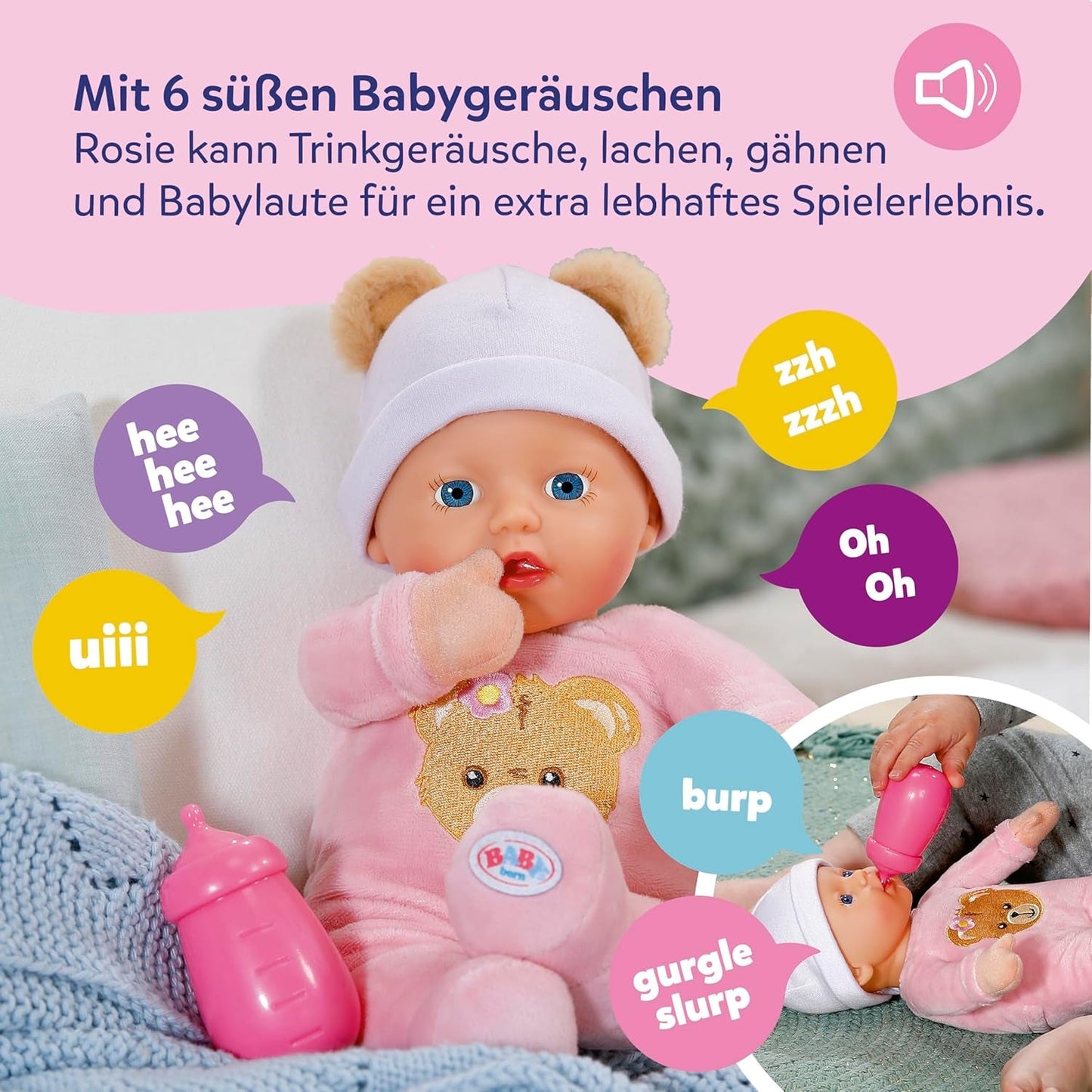 Baby Born Rosie miękka lalka 30 cm z 6 dźwiękami i butelką, różowa