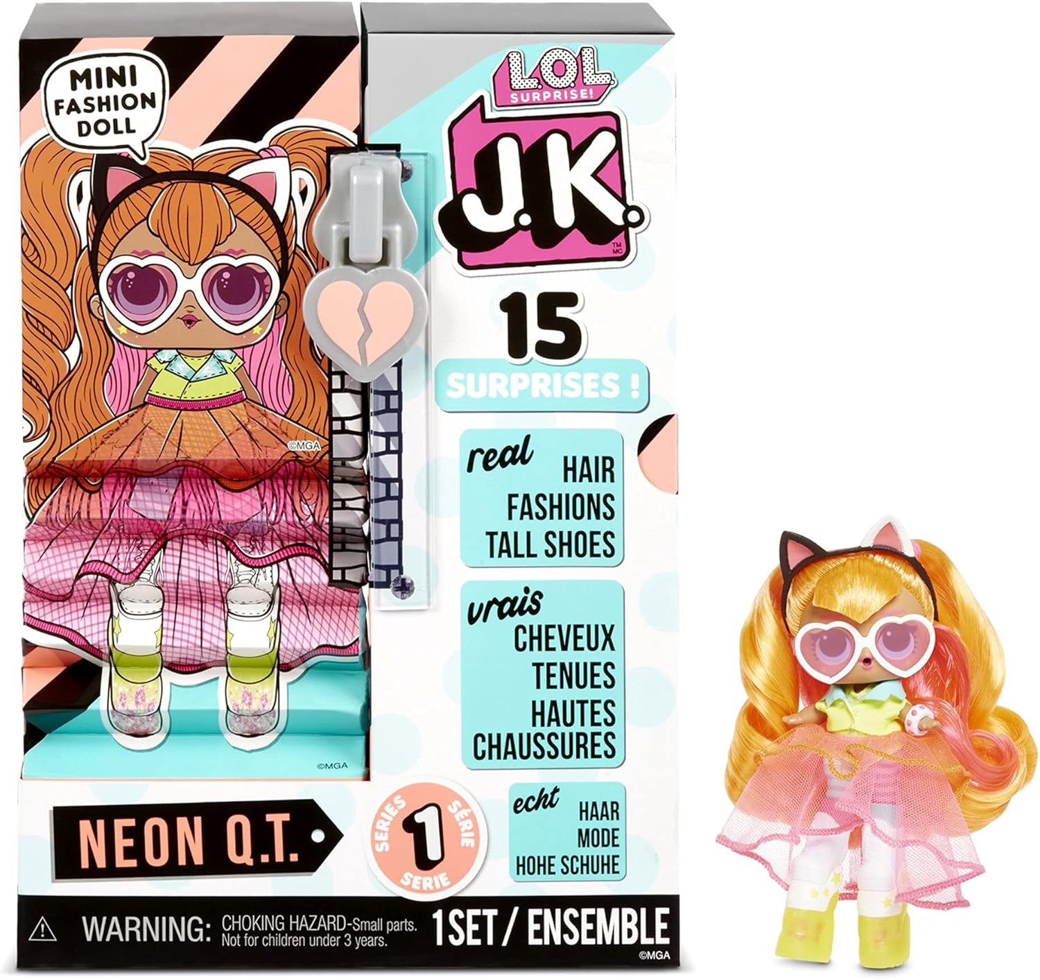LOL niespodzianka! 570776E7CAZ JK Mini Fashion Doll - 15 niespodzianek, ubrań i akcesoriów - Kolekcje - Neon QT