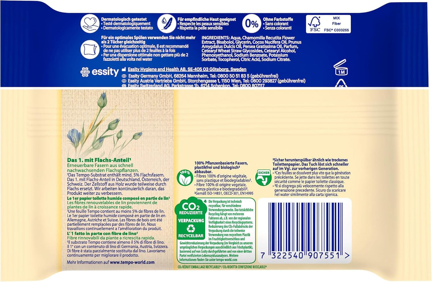 Chusteczki toaletowe Tempo "Gentle & Caring" - Megapack - 16 opakowań po 42 chusteczki - Duo Pack - z naturalnym rumiankiem - papier toaletowy, testowany dermatologicznie, neutralny dla Ph skóry
