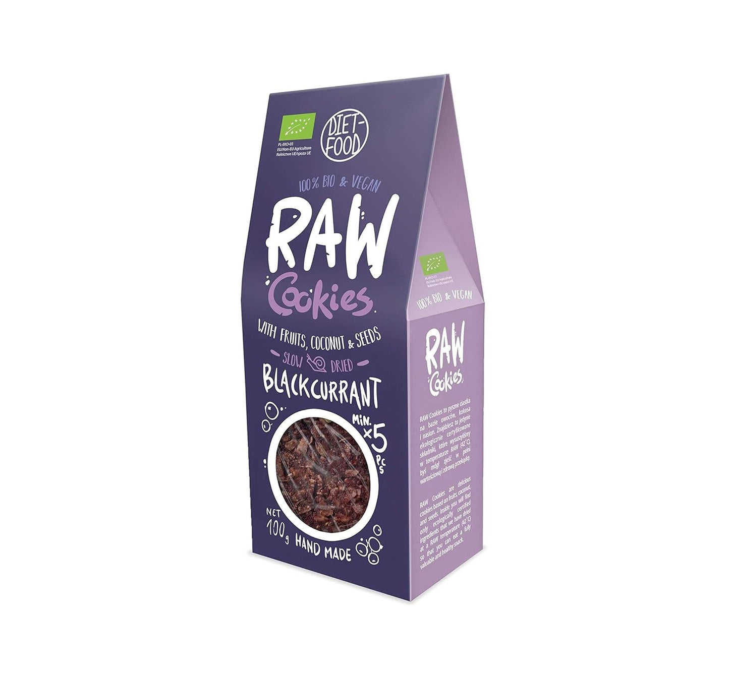 DIET-FOOD RAW Organiczne ciasteczka z czarną porzeczką Zdrowa przekąska Pyszne ciasteczka biurowe Bez konserwantów 100g (1 opakowanie)