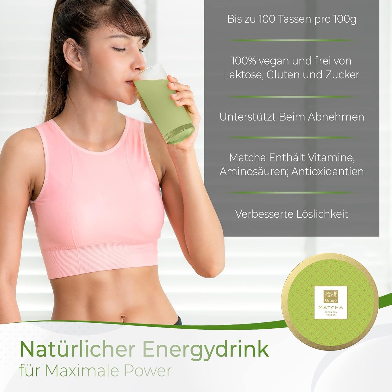 Herbata Uniqo Matcha w proszku 200 g w ekologicznym opakowaniu wielokrotnego napełniania