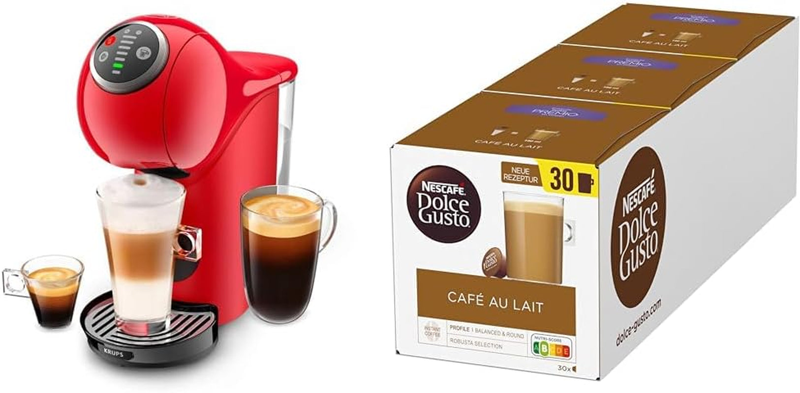 Krups KP3405 NESCAFÉ Dolce Gusto Genio S Plus Maszyna na kapsułki, Zwiększenie espresso, Wybór temperatury, Gorące i zimne napoje, Ciśnienie pompy 15 barów, Zbiornik na wodę 0,8 l, 1500 W, Kolor czerwony z Café au Lait