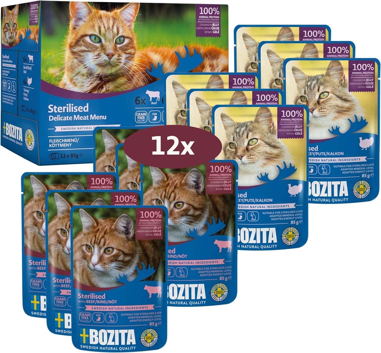 Bozita Sterilized Nassfutter Häppchen in Gelee mit Fleisch - 12x85g Porcjebeutel getreidefreies & weizenfreies Futter für Katzen - Katzen Nassfutter mit 8,5% białka i 3,5% fettgehalt