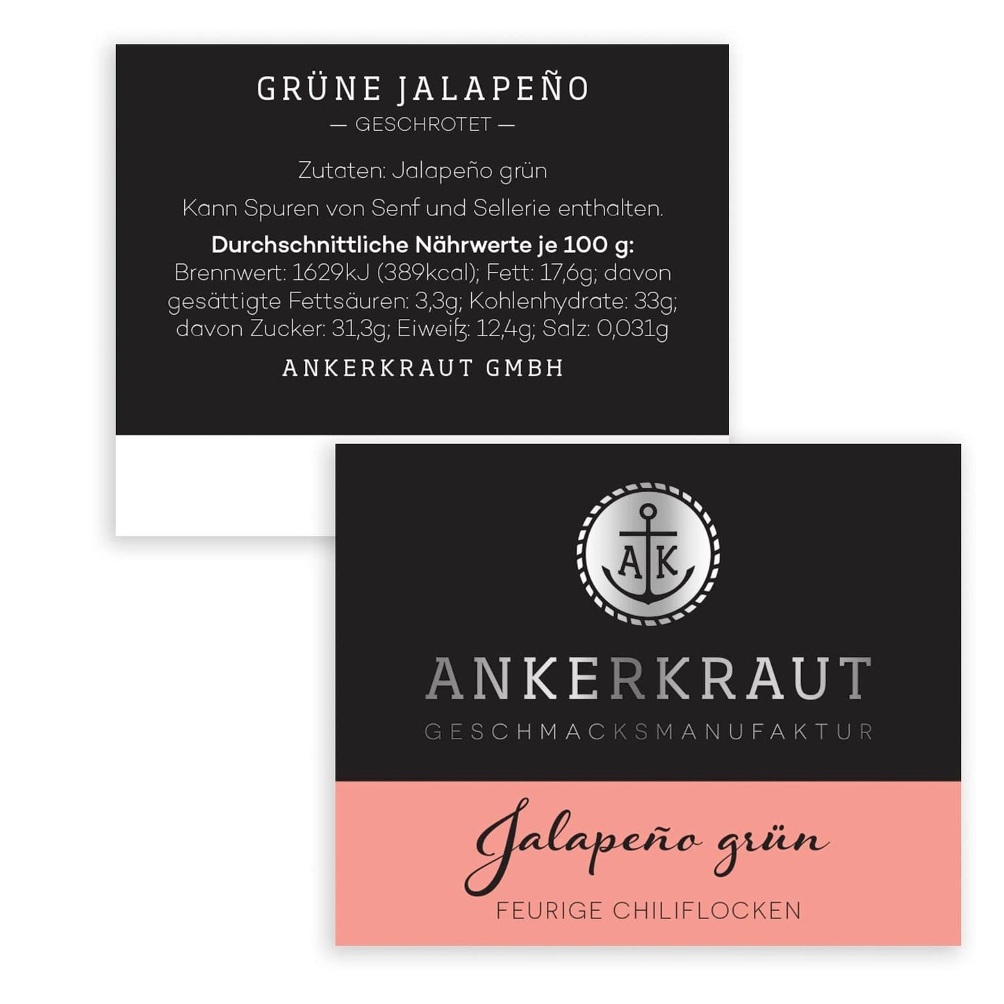 Ankerkraut Grüne Jalapeno, scharfe Chili, Chilis geschrotet, Finisher Scharf Würzen, Scharfes Essen Kochen, Highlight Chili con Carne, Fleisch, Kartoffeln, 45g w Korkenglas
