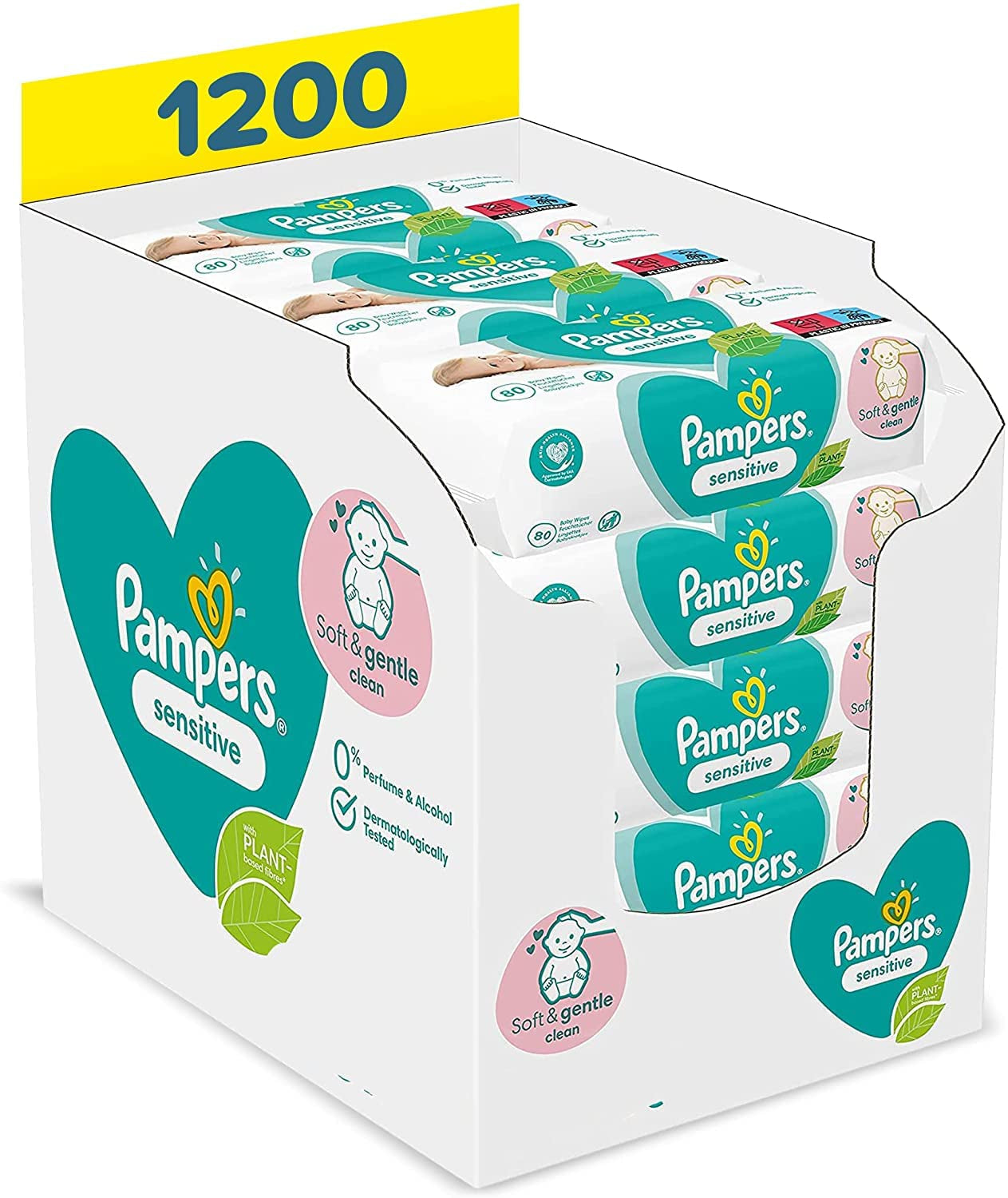 Pampers Sensitive Flip Advanced Nosidełko 4 w 1 ze śliniakiem i chusteczkami, 1200 chusteczek (15 x 80) do wrażliwej skóry dziecka, testowane dermatologicznie, niezbędnik noworodka