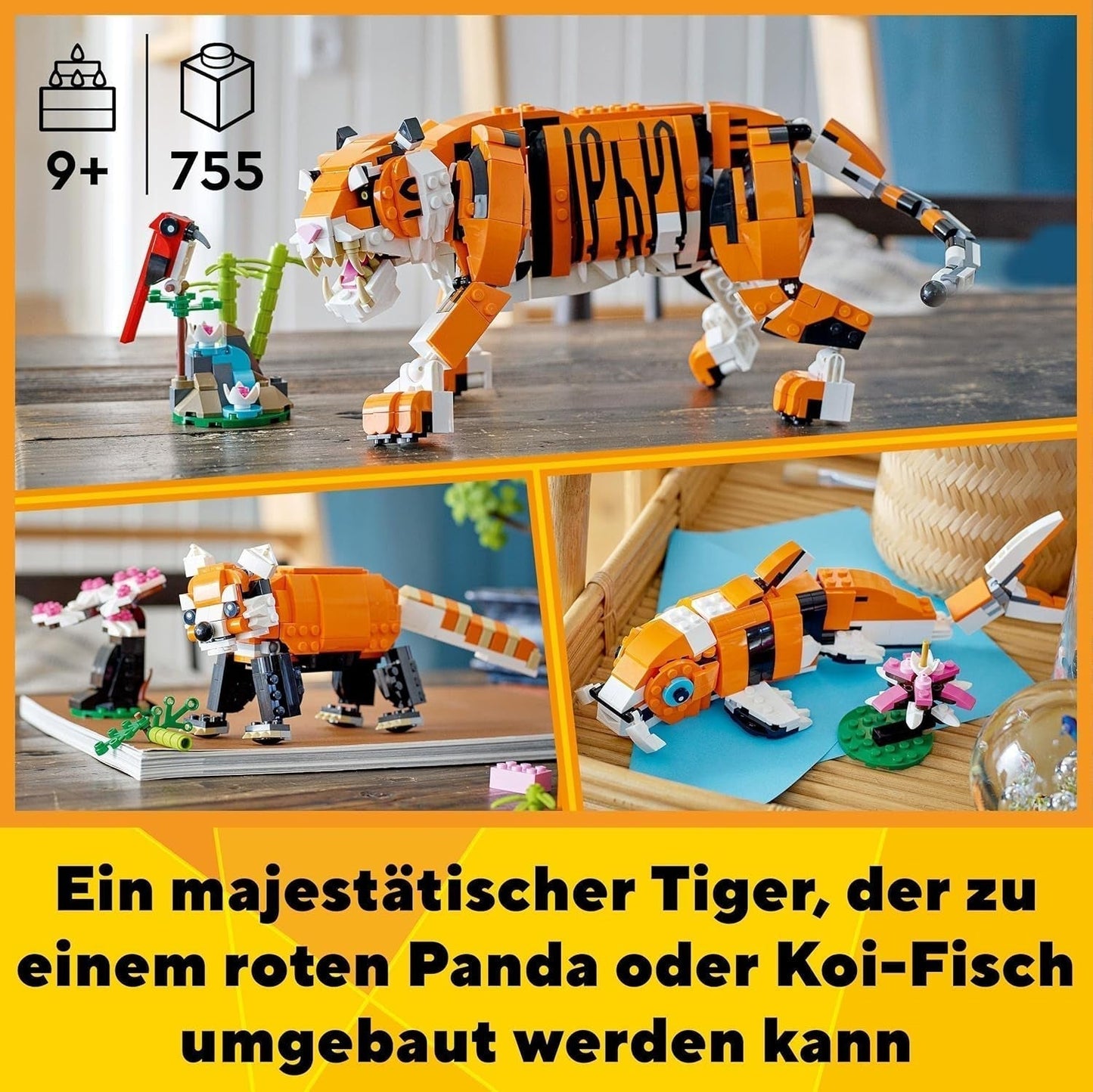 LEGO 31129 Creator Majestic Tiger, Panda or Fish Zestaw figurek zwierząt 3 w 1 dla dzieci Chłopcy i dziewczęta Zabawka do budowania Zwierzęta Zestawy do budowania Besuche den LEGO-Store