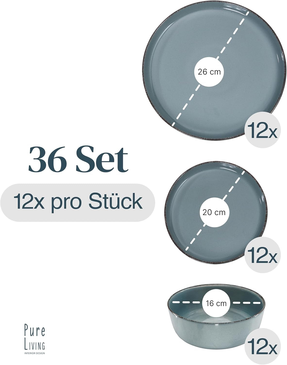 Steingut Geschirrset 12 Personen Rustic 36 tlg. TESTSIEGER, Hochwertiges Landhaussttil Steingut Geschirr Set, Schüssel- und Teller Set, Tafelservice 12 Personen, Geschirrsets Pure Living w Rauchblau