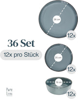 Steingut Geschirrset 12 Personen Rustic 36 tlg. TESTSIEGER, Hochwertiges Landhaussttil Steingut Geschirr Set, Schüssel- und Teller Set, Tafelservice 12 Personen, Geschirrsets Pure Living w Rauchblau