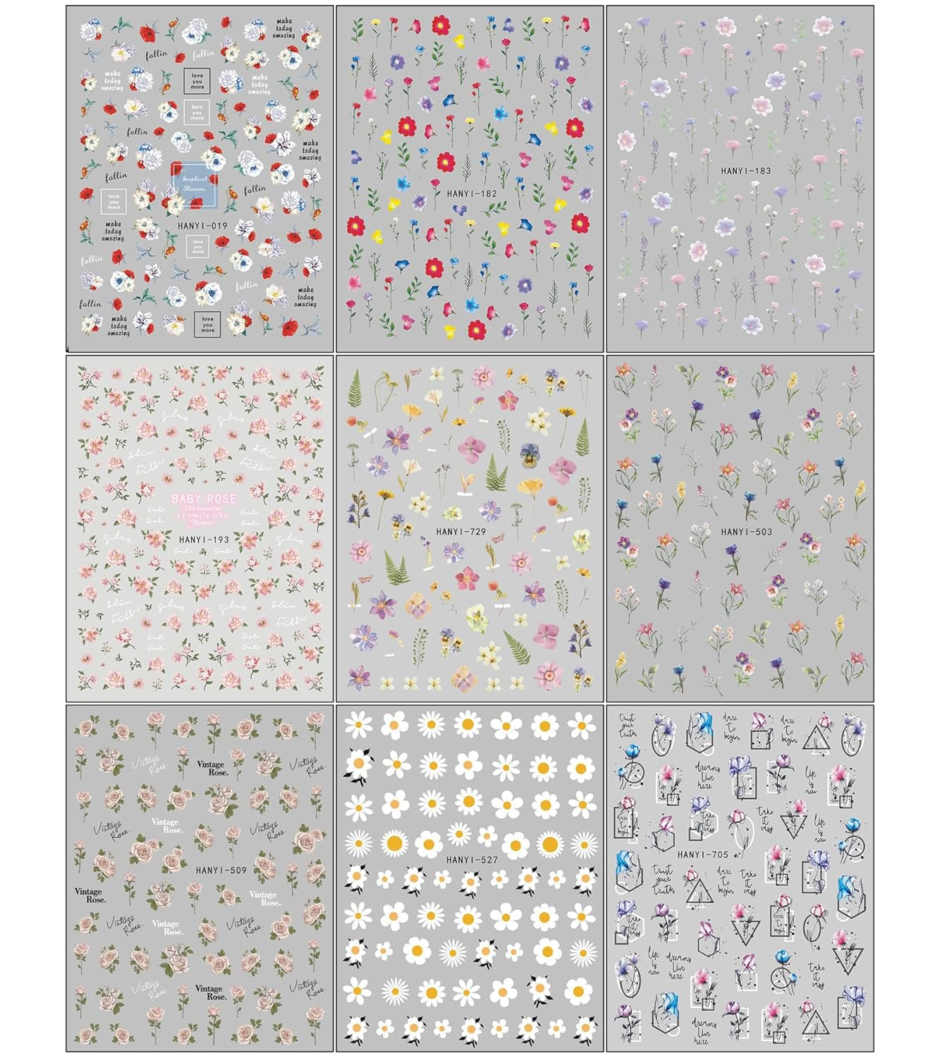 JMEOWIO Nagelsticker Frühlings Blume 9 Blatt Nail Art Naklejka Selbstklebend Nagelaufkleber Bunte Sommer Blumen Dekoration Nageldesign Zubehör