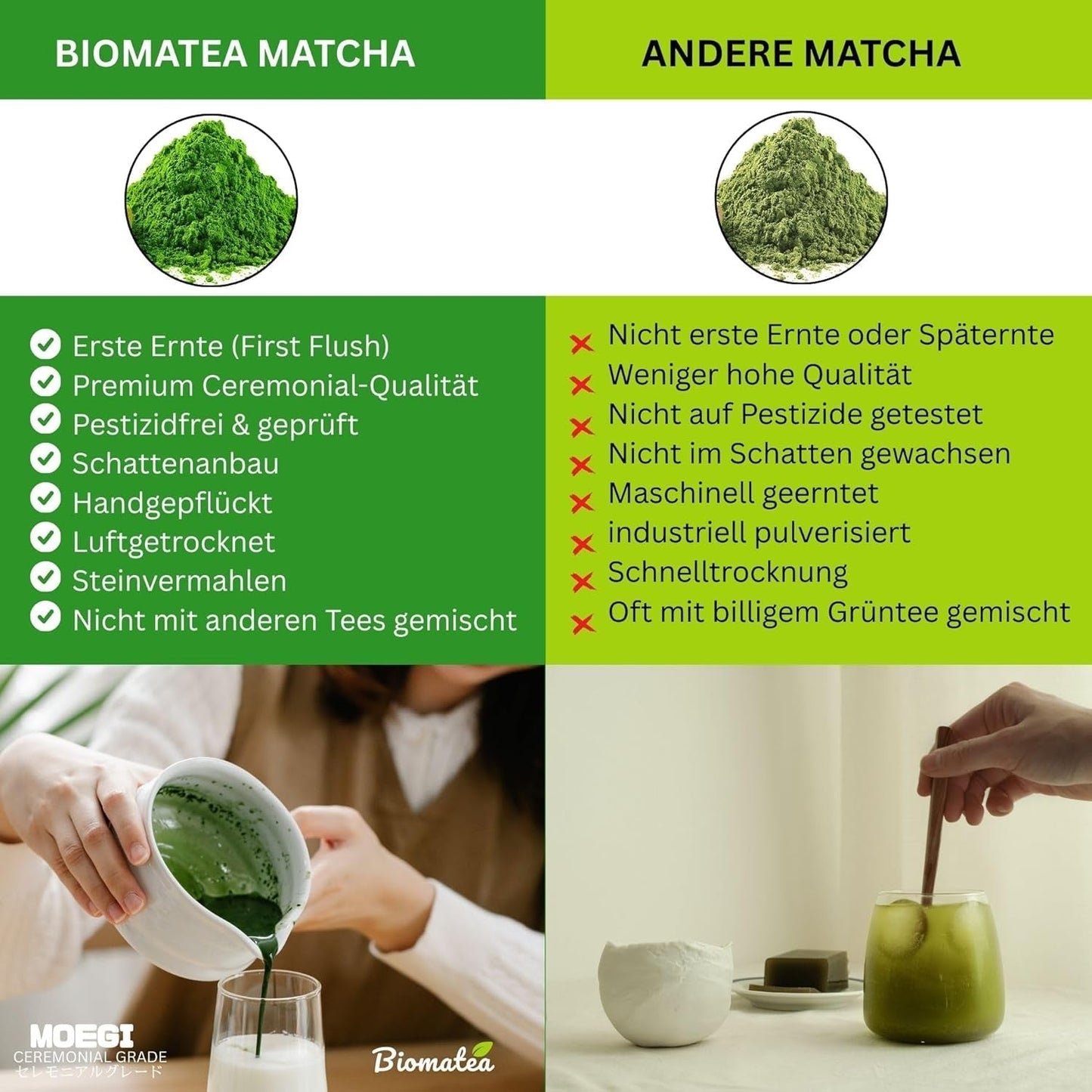 50 g ceremonialnej herbaty Matcha z Japonii – 100% naturalna, wolna od pestycydów i przetestowana – mielona w kamieniu – japońska herbata w proszku Moegi Matcha Premium