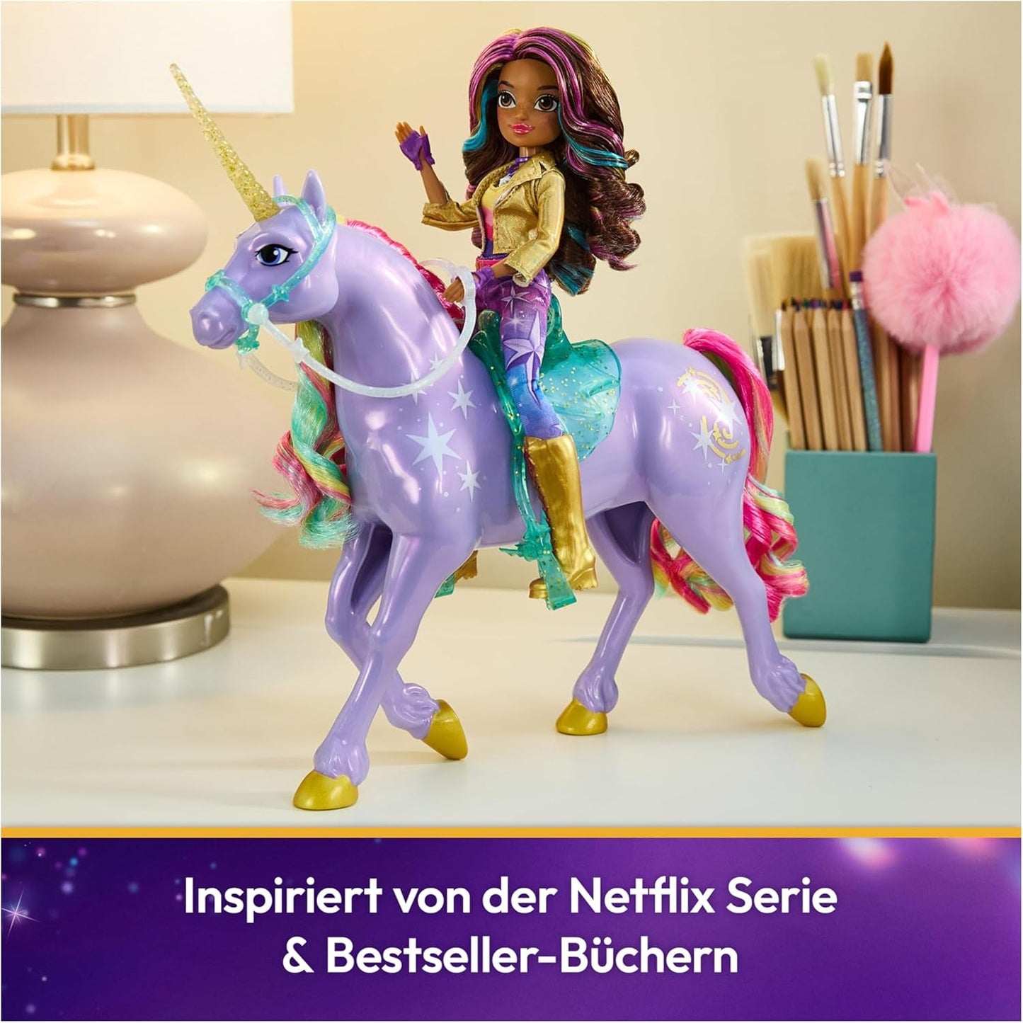 Wildstar Unicorn od Unicorn Academy - oryginalny jednorożec Sophia o wysokości 28 cm z serii Netflix z prawdziwą grzywą i ogonem, zdejmowaną uzdą, siodłem i szczotką, dla dzieci w wieku od 4 lat