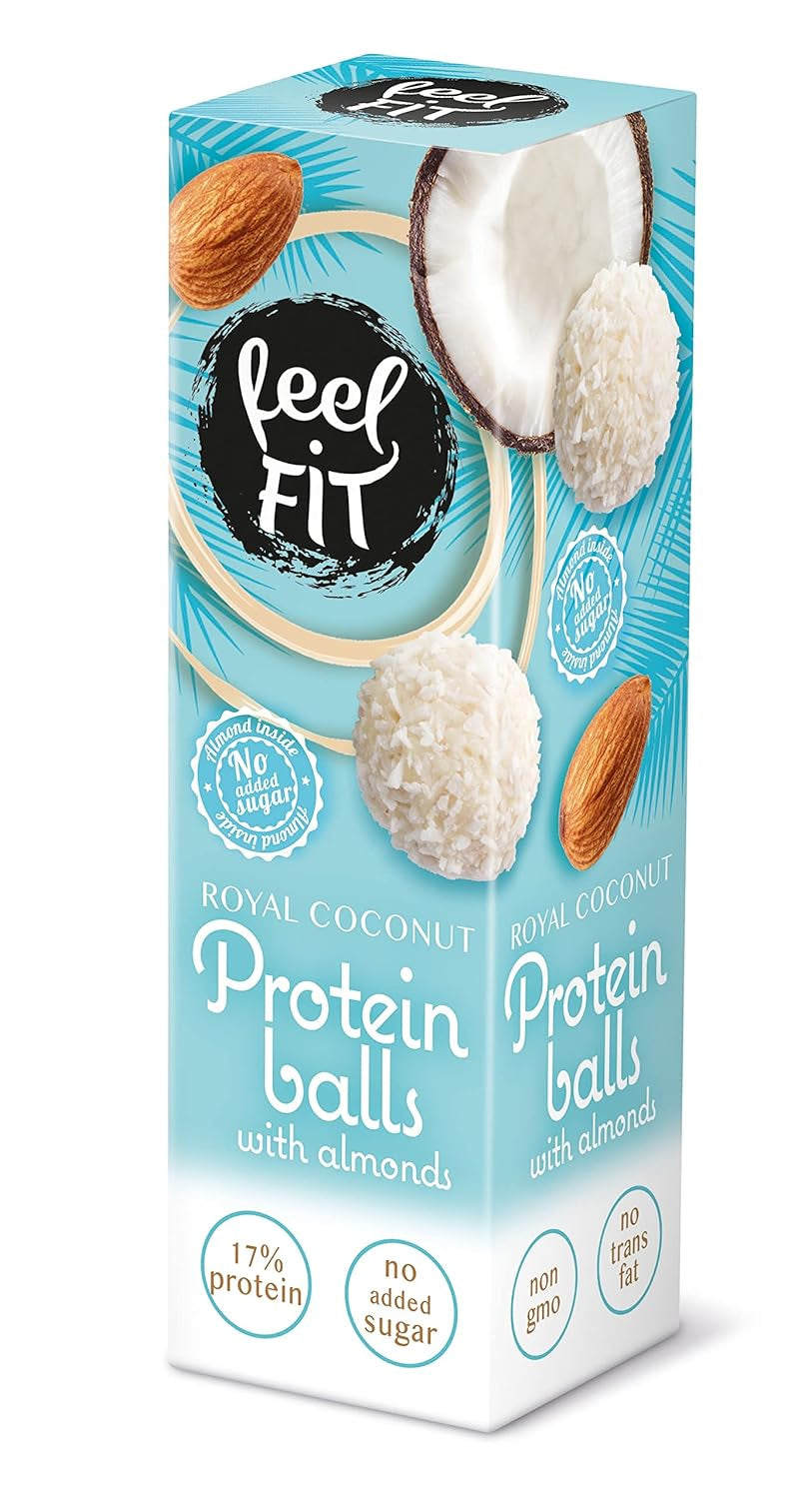 Praliny kokosowe bez cukru z migdałami, Feel FIT, bez dodatku cukru, 17% białka, 63 g