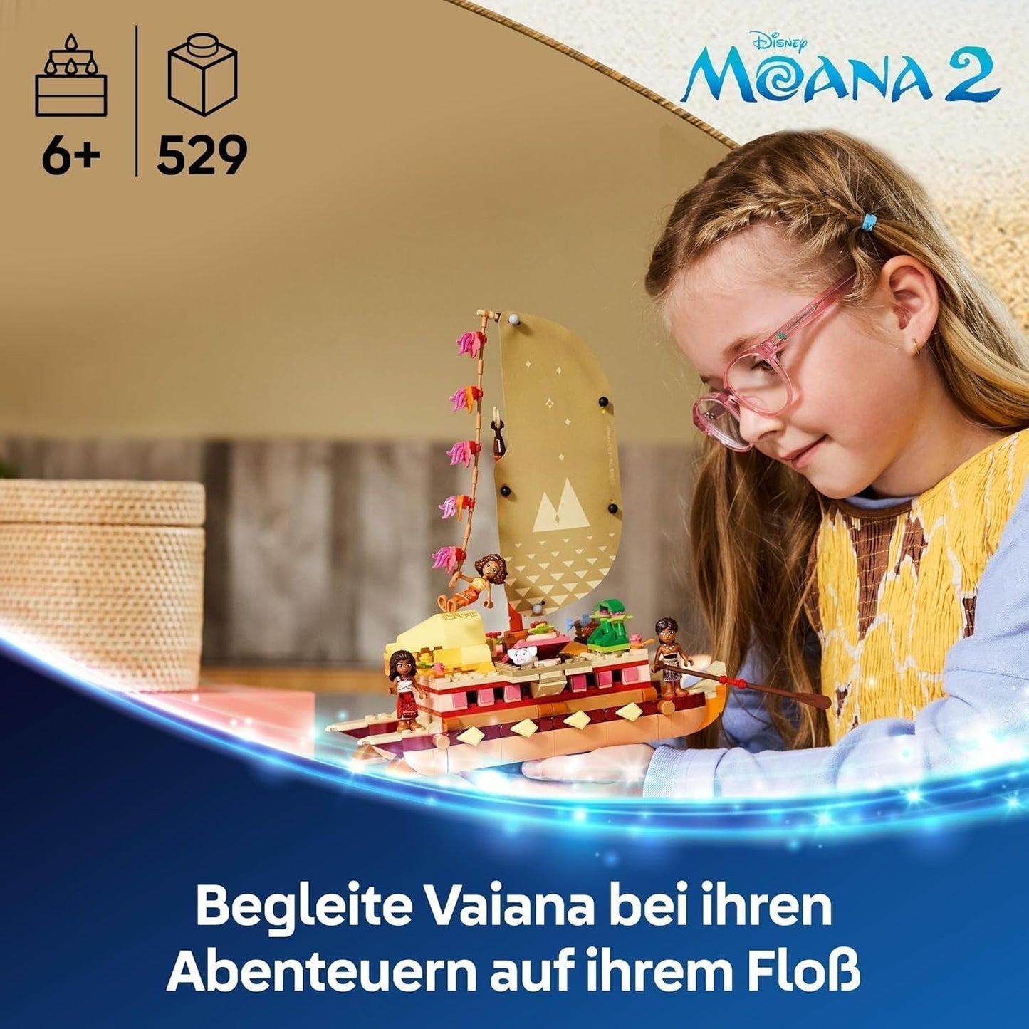 LEGO® Disney Moana 2: Tratwa przygodowa Vaiany — zabawkowa łódka z żaglami, zdejmowanym pokładem, ogniskiem i 3 minilaleczkami, w tym Loto i Moni — prezent dla dziewczynek od 6. roku życia i fanów — 43270 Zestawy do budowania Beuche den LEGO-Store