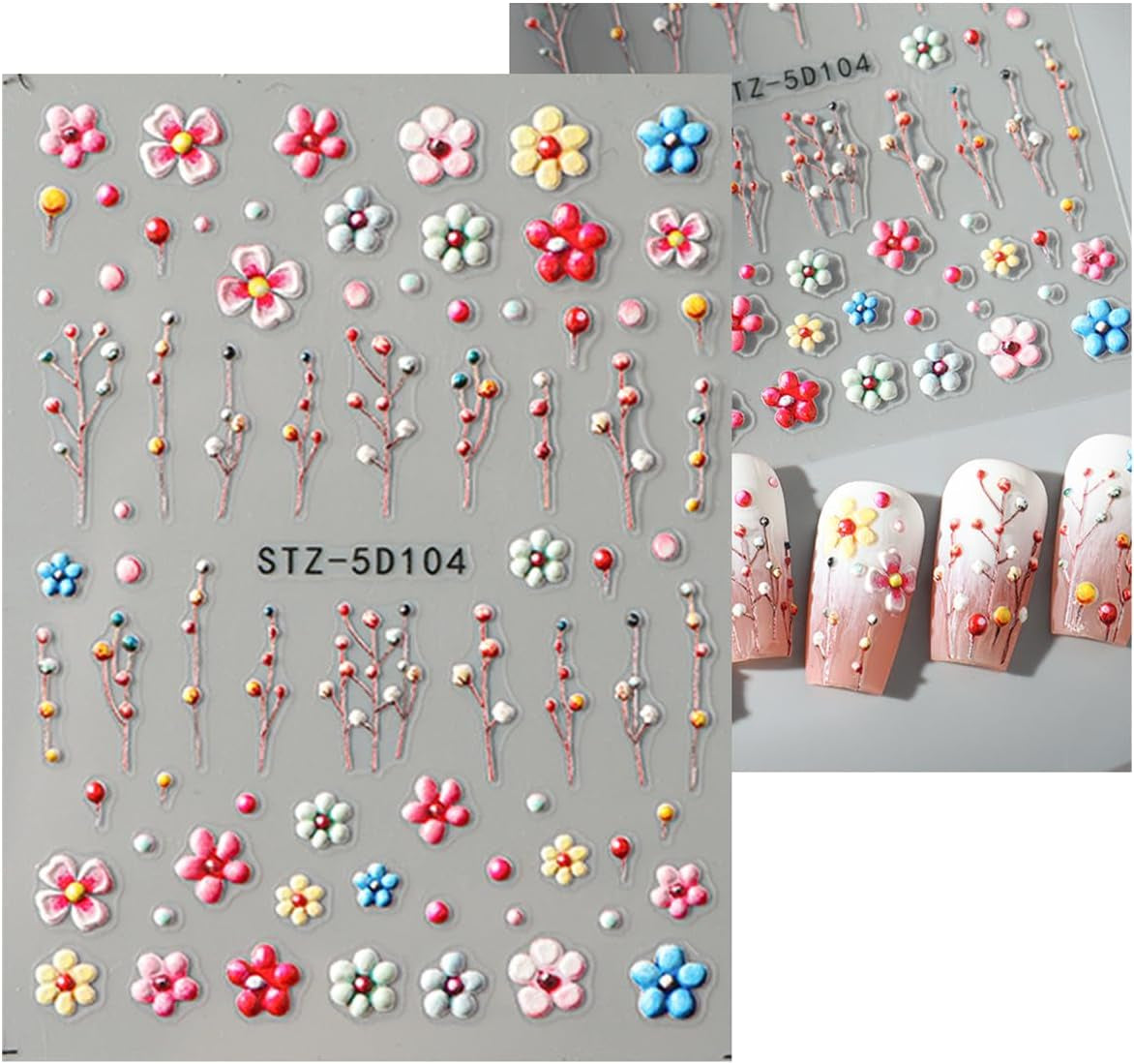 JMEOWIO 3D Nagelsticker Blume Nail Art Naklejka Selbstklebend Nagelaufkleber 5D Stereoskopisch Frühling Letnia dekoracja kwiatowa Nageldesign Zubehör 4 Blatt