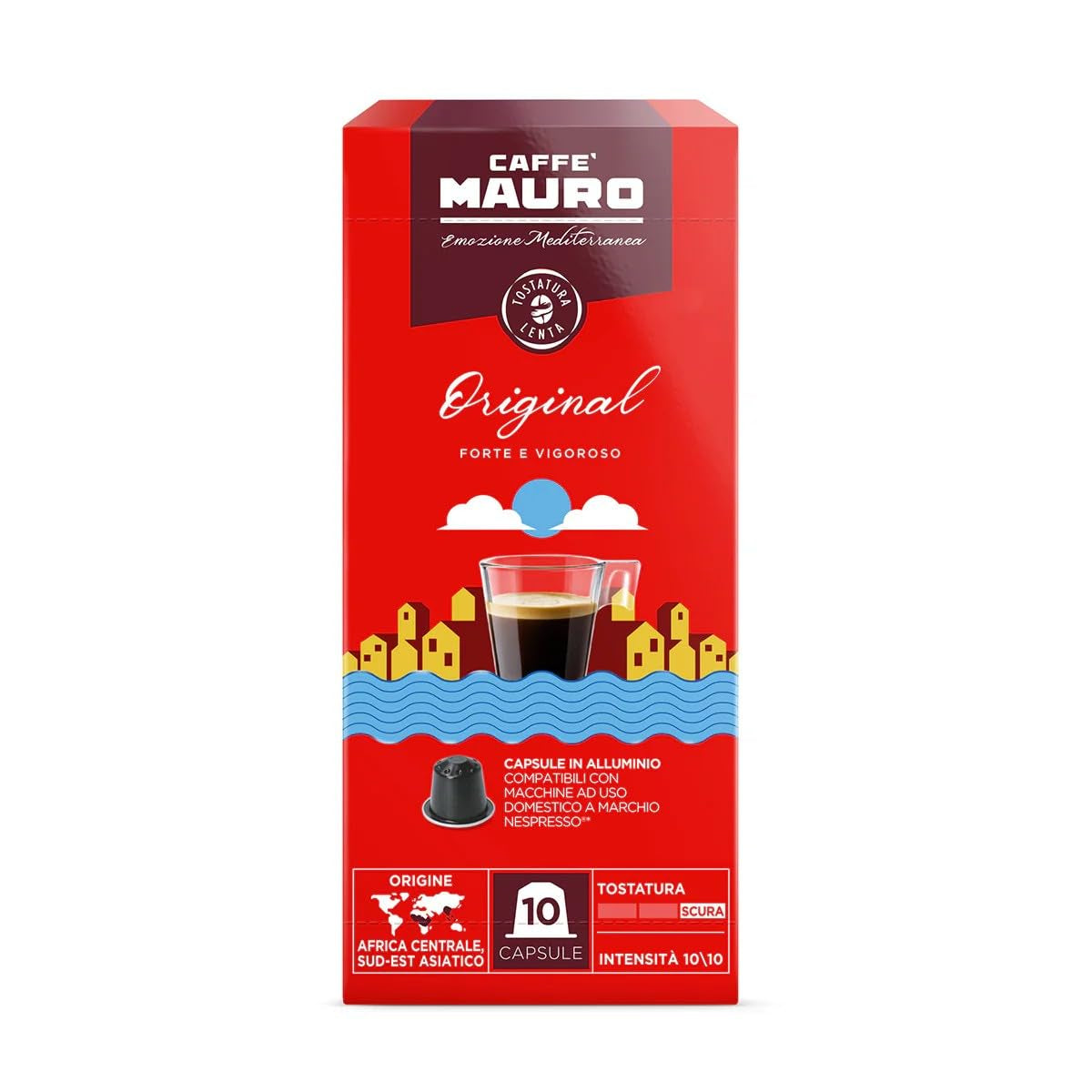 Caffè Mauro Torrefazione Kaffeekapseln Espresso Original, Intensität 10/10-50 Kapsel aus Aluminium - Kompatybilny z Nespresso* Haushalts-Espressomaschinen - Hergestellt in Italy