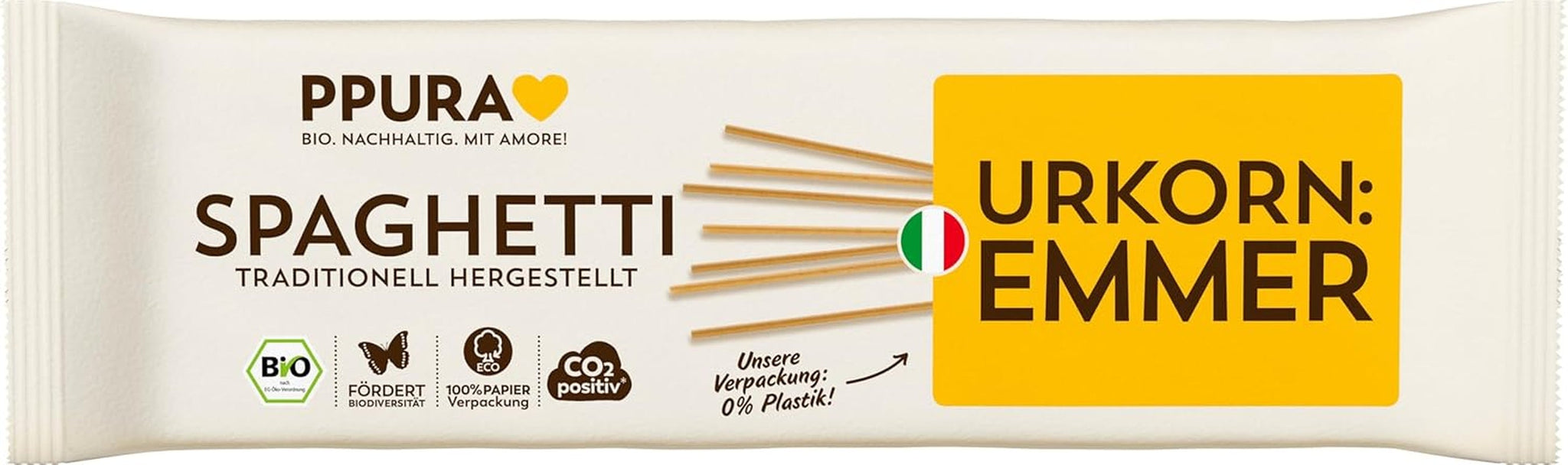 PPURA Organiczny Makaron Spaghetti z Emmer 500g, 100% naturalne spaghetti emmer, wyprodukowane we Włoszech - włoski makaron bez dodatków, barwników i konserwantów