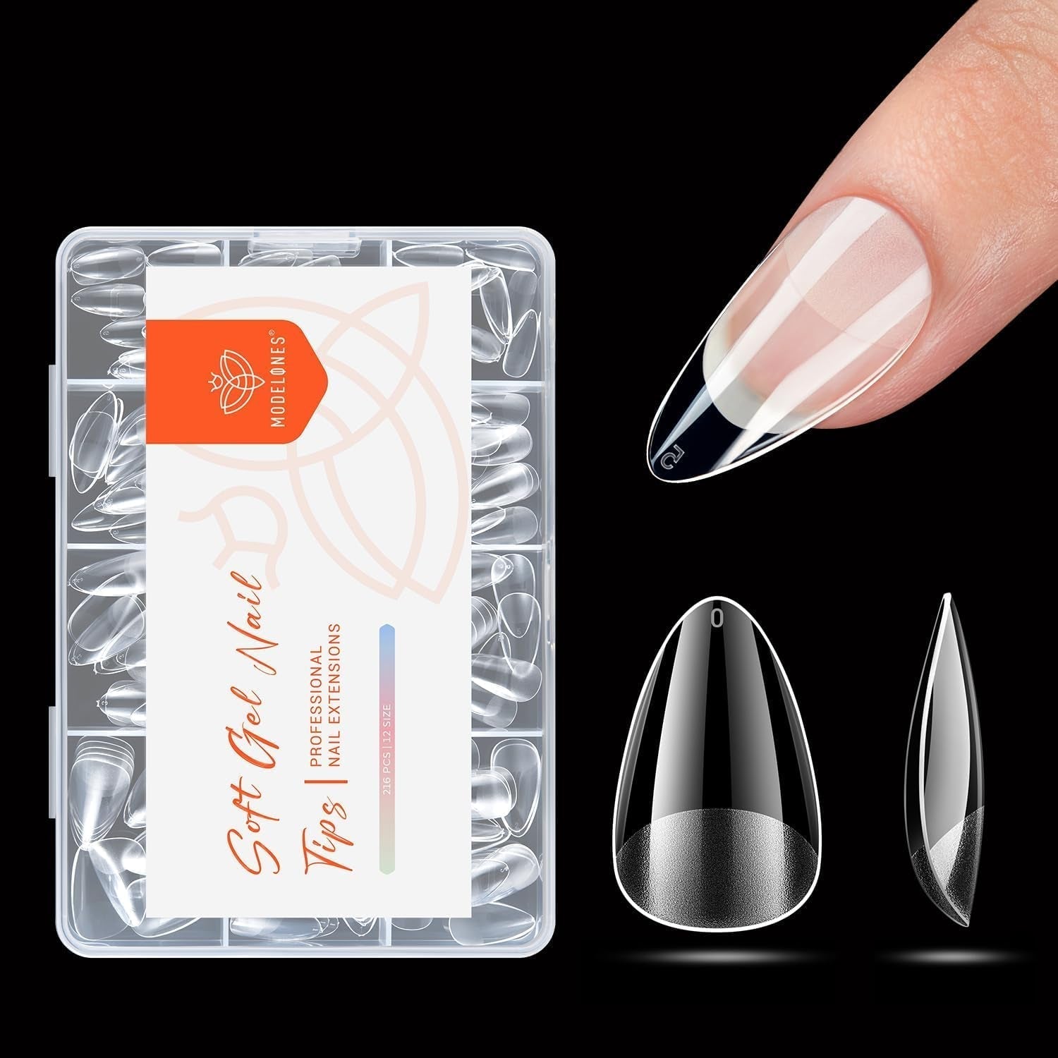 Modelones Tipsy 216 sztuk - Zestaw Full Cover Tips, Zestaw miękkich Tipsów żelowych, Wstępne polerowanie Tipsów z żywicy PMMA, DIY Klej na sztucznych paznokciach, Krótkie Migdały XS