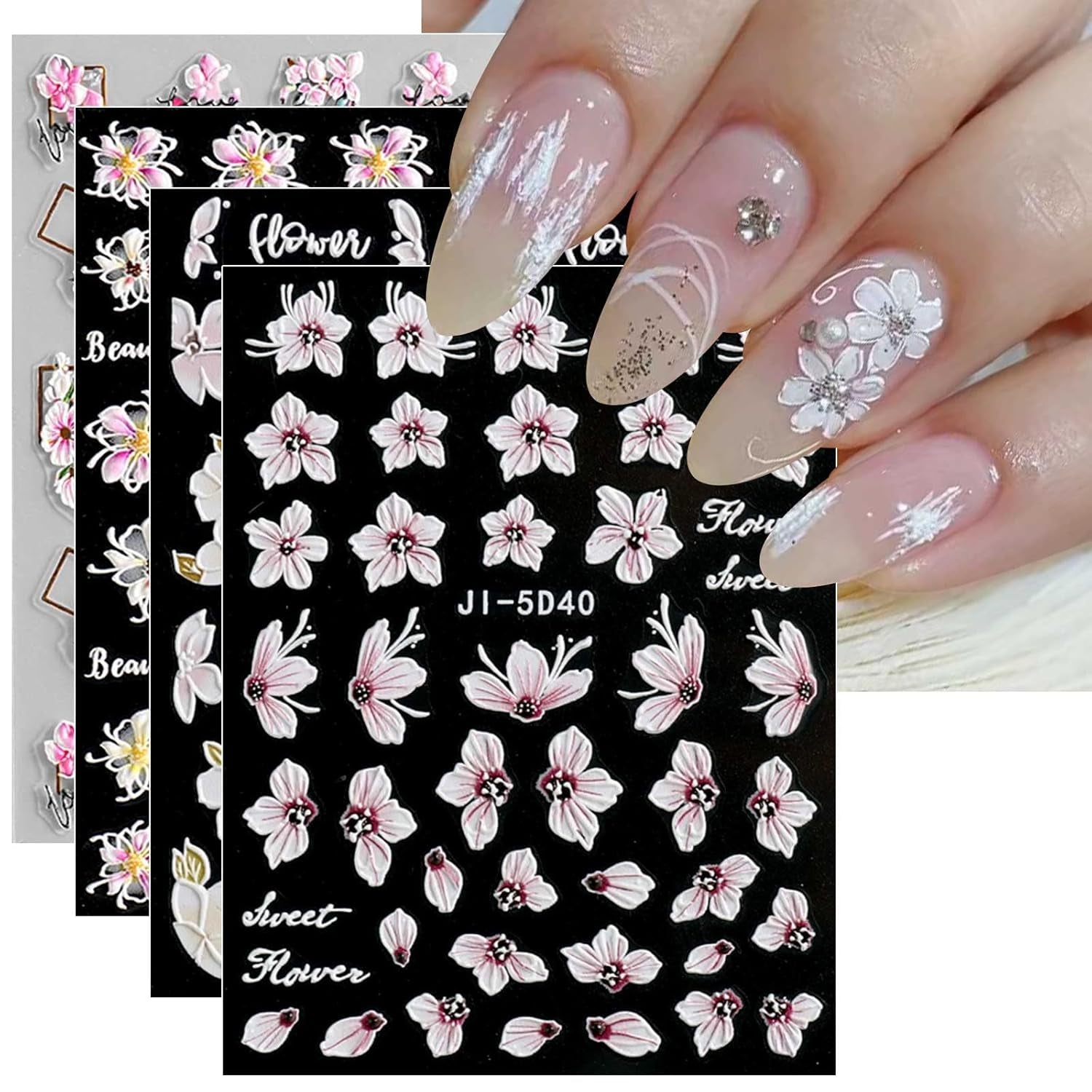 JMEOWIO 3D Nagelsticker Frühling Blume Nail Art Naklejka Selbstklebend Nagelaufkleber 5D Stereoskopisch Buntes Sommer Blumen Dekoration Nageldesign Zubehör 4 Blatt